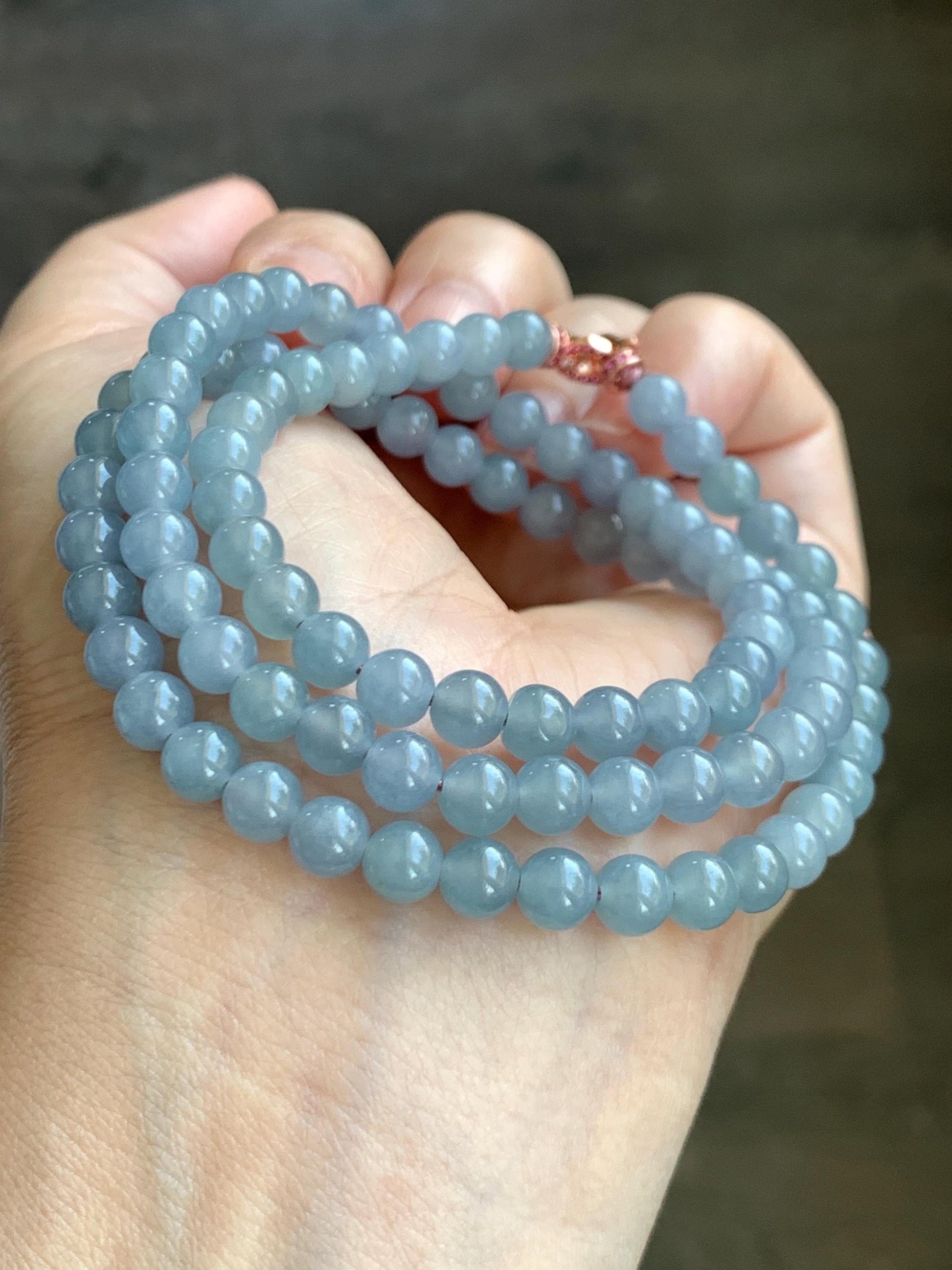 Certified Grade A Natural Guatemalan Icy Highly Translucent Light Pastel Blue Jadeite Beaded Necklace 21.5” 33.22g 天然高冰起光淡蓝紫翡翠圆珠长串项链 7819