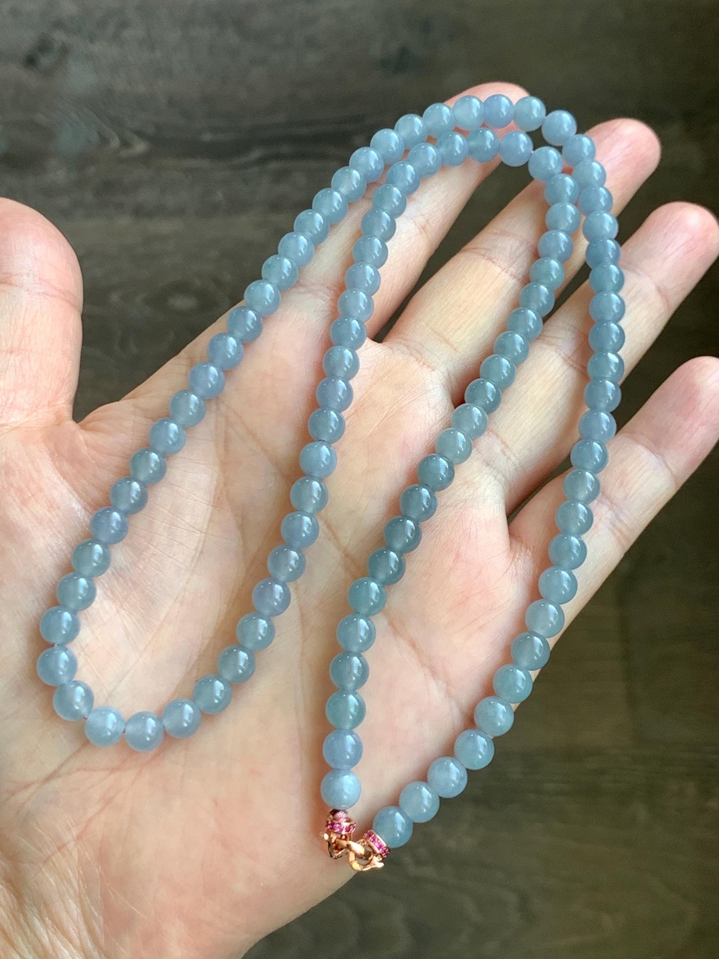 Certified Grade A Natural Guatemalan Icy Highly Translucent Light Pastel Blue Jadeite Beaded Necklace 21.5” 33.22g 天然高冰起光淡蓝紫翡翠圆珠长串项链 7819