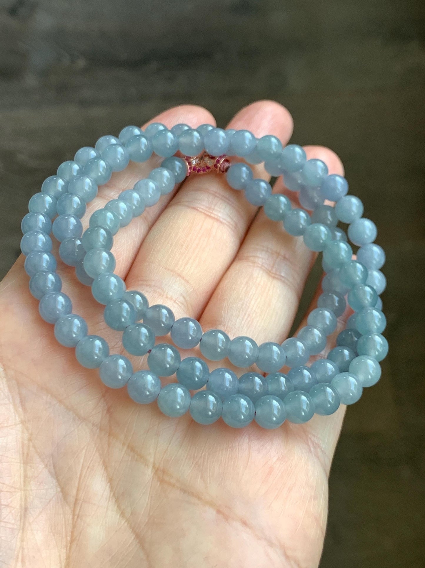 Certified Grade A Natural Guatemalan Icy Highly Translucent Light Pastel Blue Jadeite Beaded Necklace 21.5” 33.22g 天然高冰起光淡蓝紫翡翠圆珠长串项链 7819