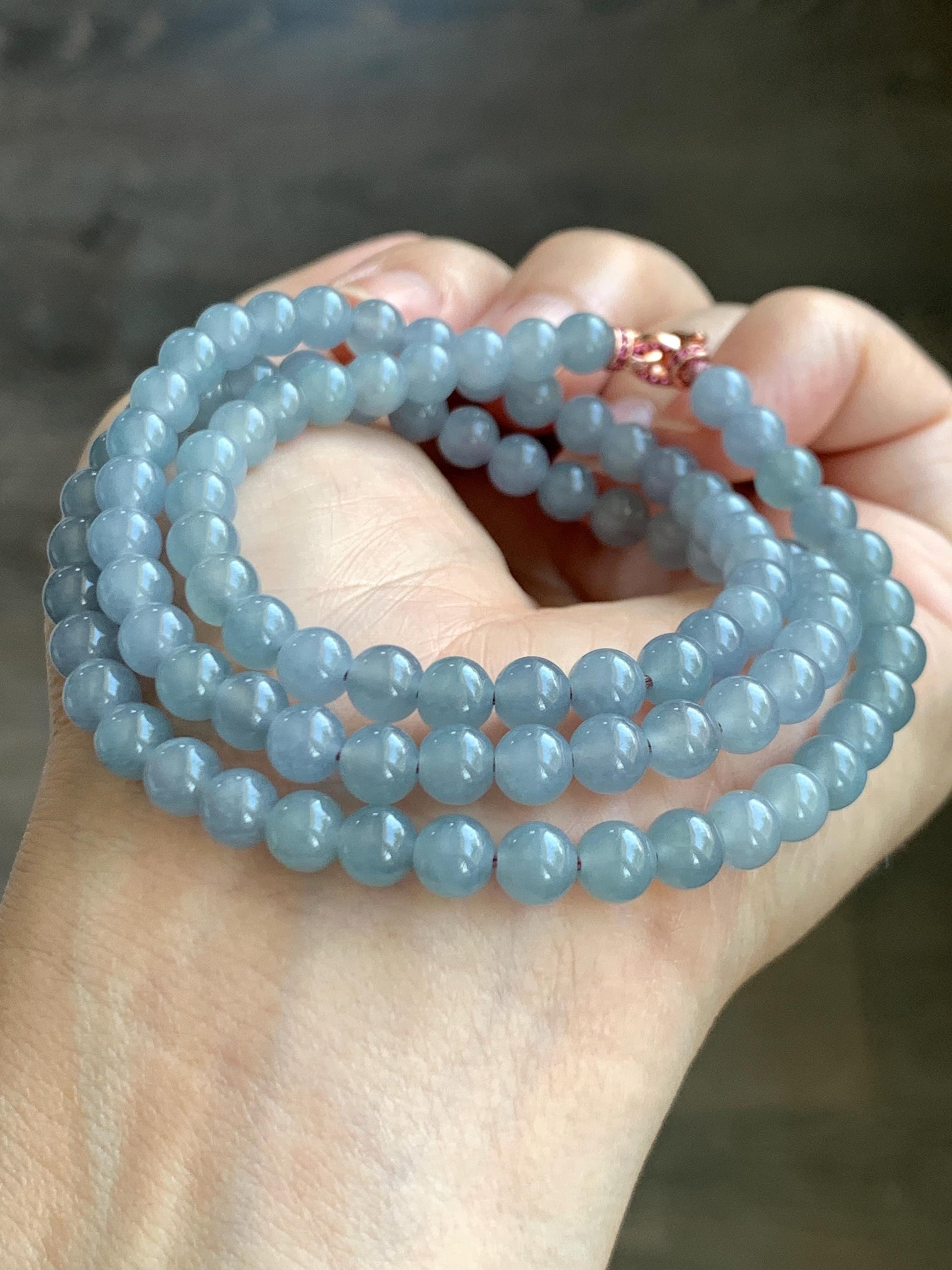 Certified Grade A Natural Guatemalan Icy Highly Translucent Light Pastel Blue Jadeite Beaded Necklace 21.5” 33.22g 天然高冰起光淡蓝紫翡翠圆珠长串项链 7819