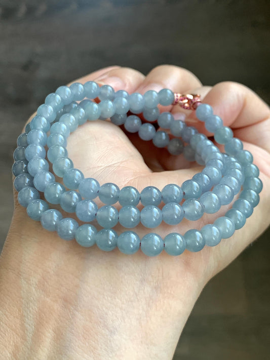 Certified Grade A Natural Guatemalan Icy Highly Translucent Light Pastel Blue Jadeite Beaded Necklace 21.5” 33.22g 天然高冰起光淡蓝紫翡翠圆珠长串项链 7819