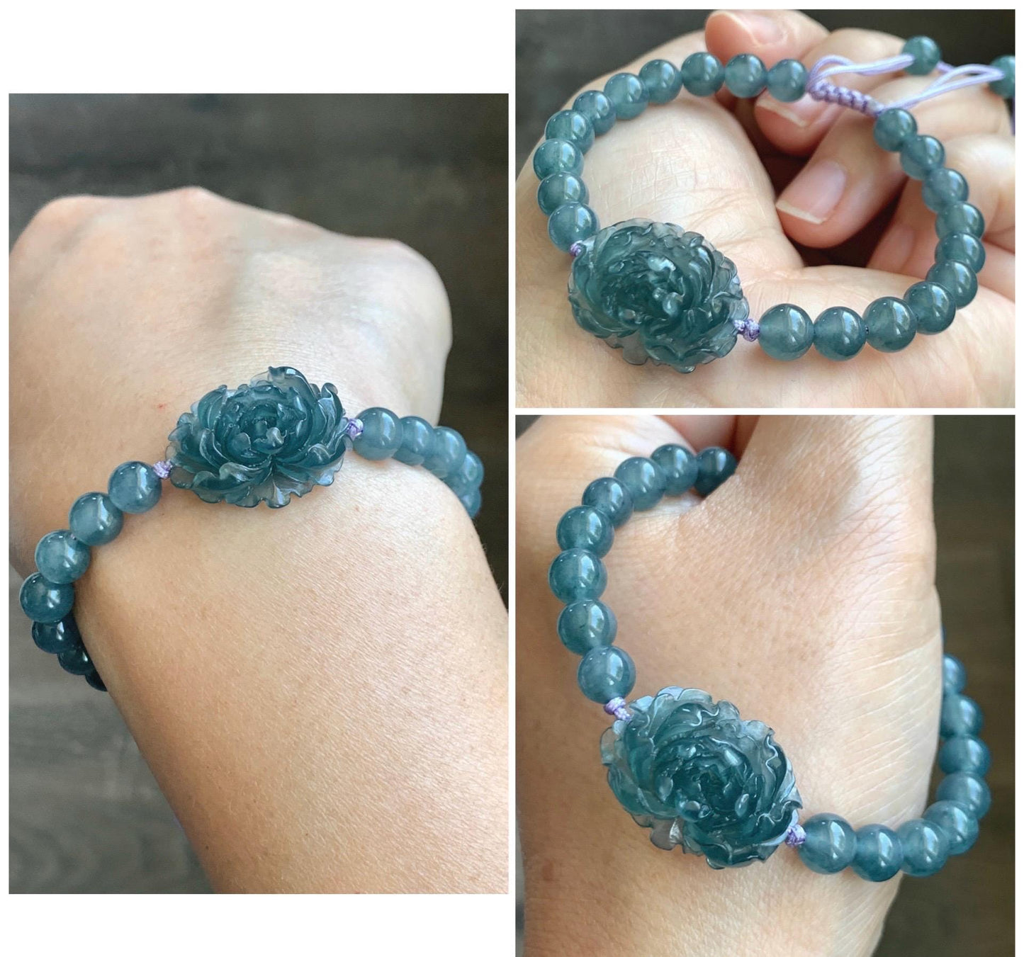 Certified Grade A Natural Guatemalan Icy Translucent Gelatinous Aegean Blue Jadeite Peony Flower Beaded Bracelet 6.75” 天然冰危蓝翡翠牡丹花圆珠手串 1516
