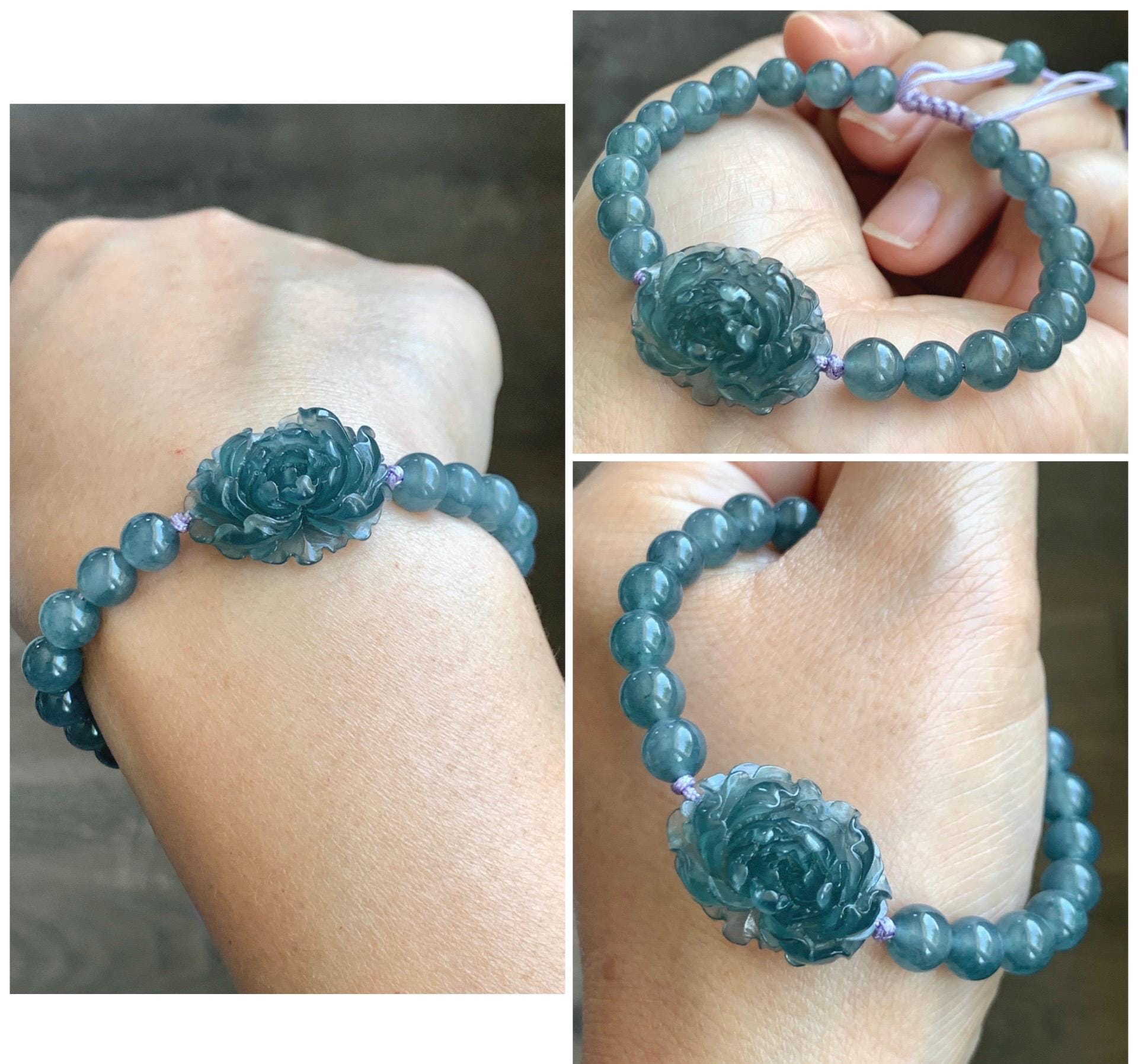 Certified Grade A Natural Guatemalan Icy Translucent Gelatinous Aegean Blue Jadeite Peony Flower Beaded Bracelet 6.75” 天然冰危蓝翡翠牡丹花圆珠手串 1516