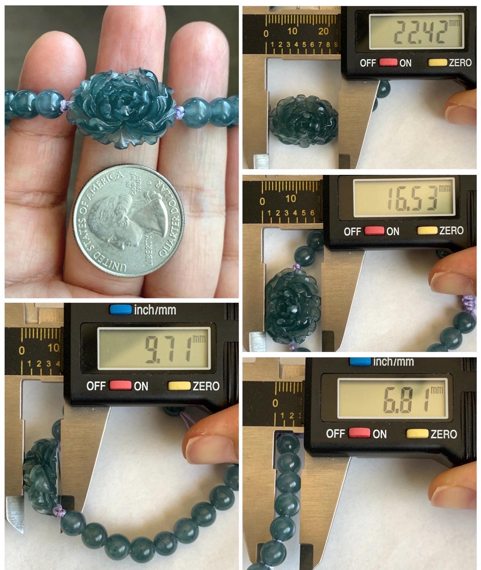 Certified Grade A Natural Guatemalan Icy Translucent Gelatinous Aegean Blue Jadeite Peony Flower Beaded Bracelet 6.75” 天然冰危蓝翡翠牡丹花圆珠手串 1516