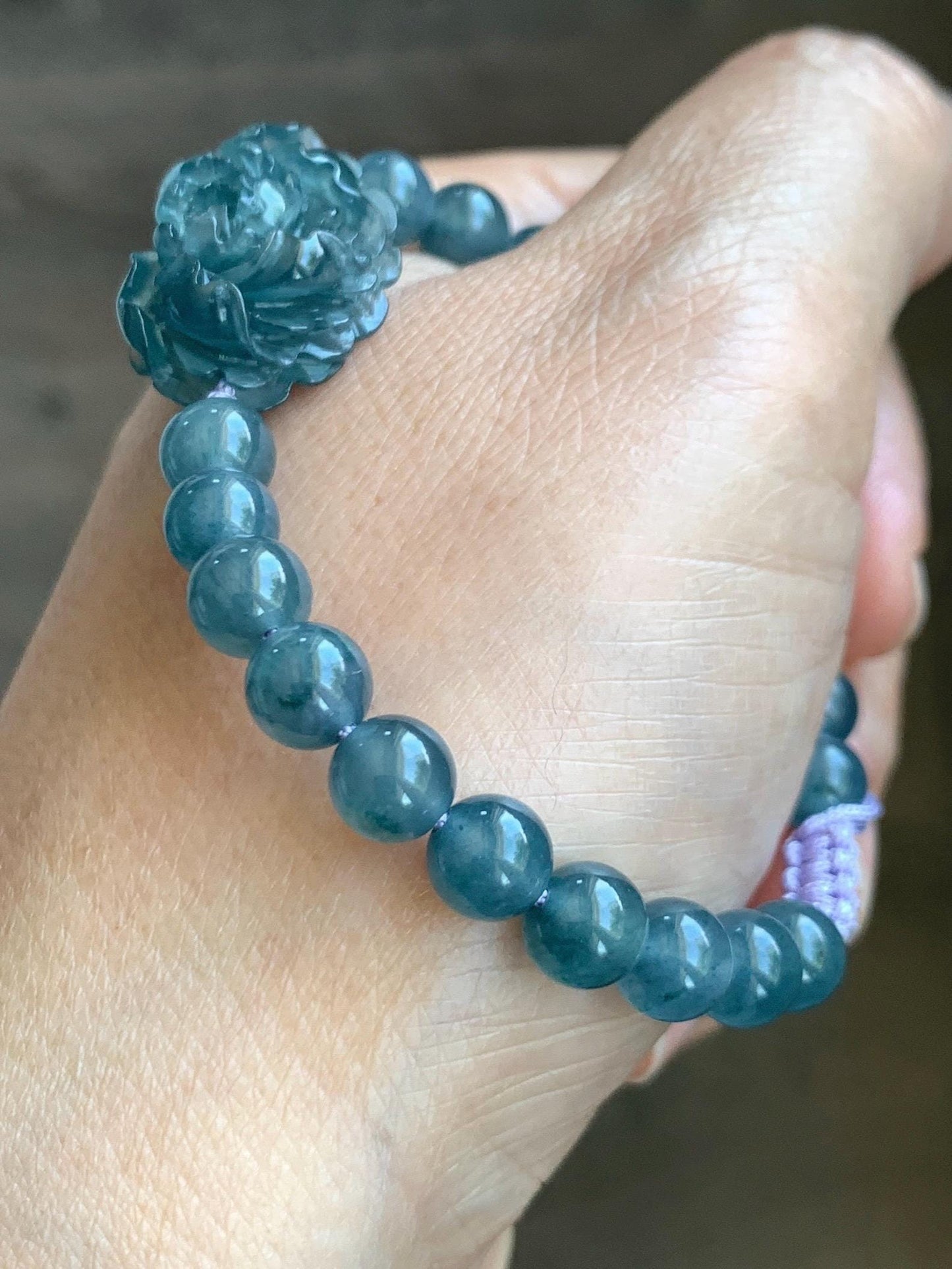 Certified Grade A Natural Guatemalan Icy Translucent Gelatinous Aegean Blue Jadeite Peony Flower Beaded Bracelet 6.75” 天然冰危蓝翡翠牡丹花圆珠手串 1516