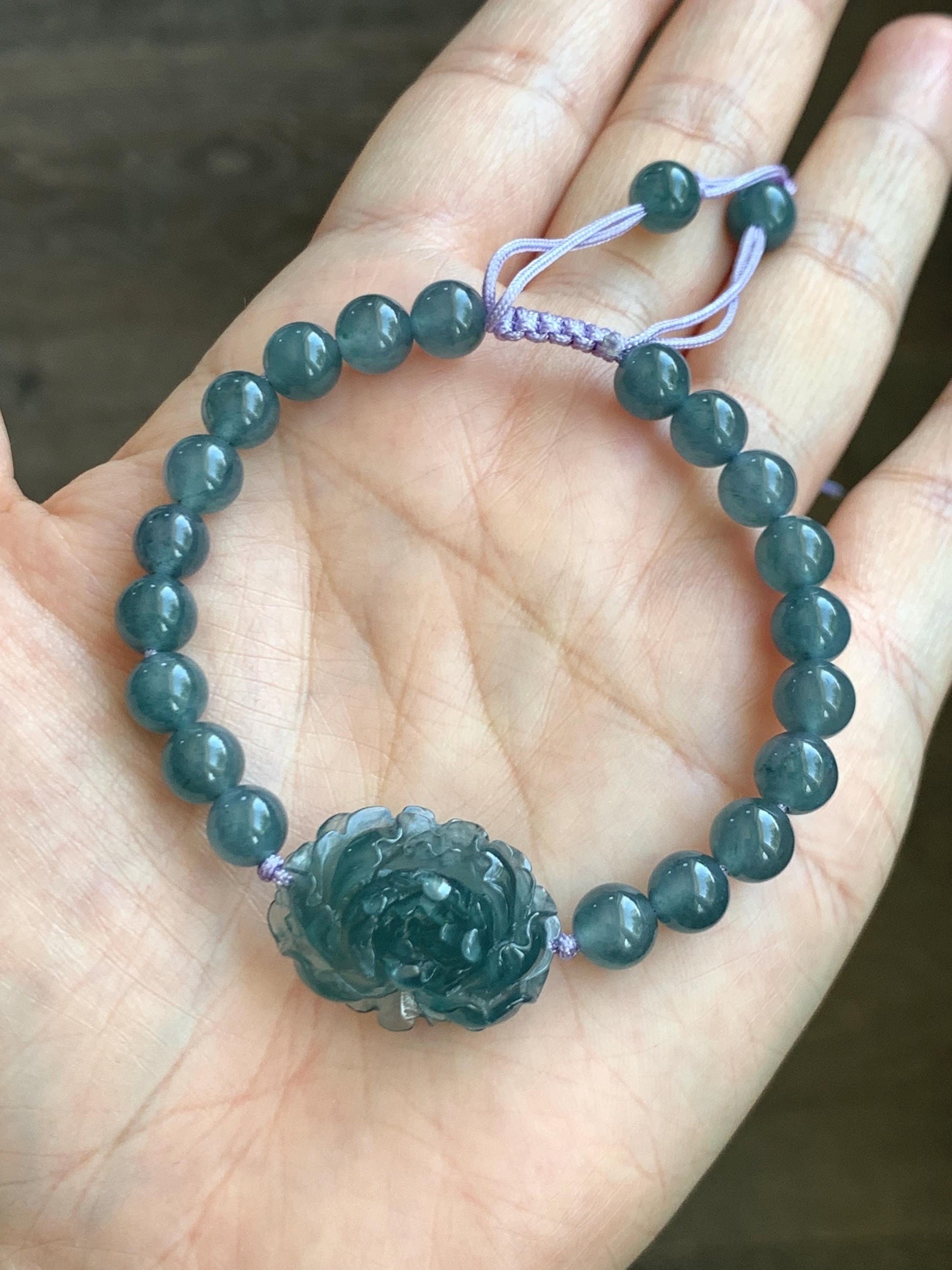 Certified Grade A Natural Guatemalan Icy Translucent Gelatinous Aegean Blue Jadeite Peony Flower Beaded Bracelet 6.75” 天然冰危蓝翡翠牡丹花圆珠手串 1516