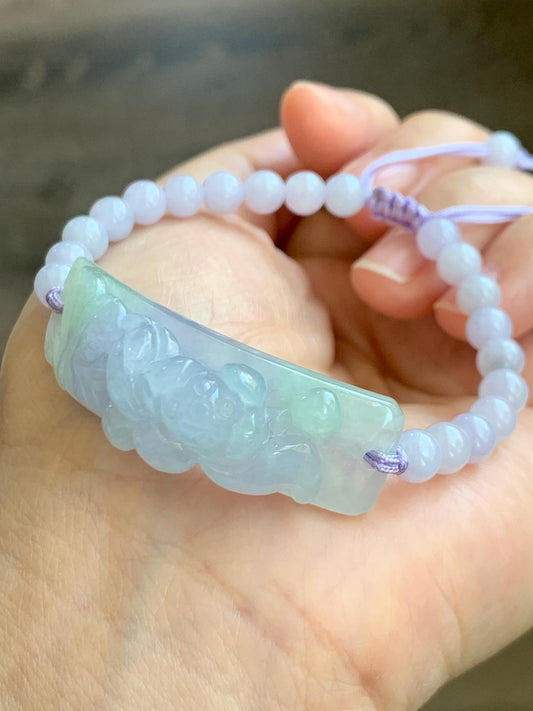 Certified Natural Grade A Icy Translucent Pastel Spring Colored Jadeite Carved Lotus Flower Cuff Beaded Bracelet 6.75” 天然冰胶春彩翡翠莲花手牌手串 0350