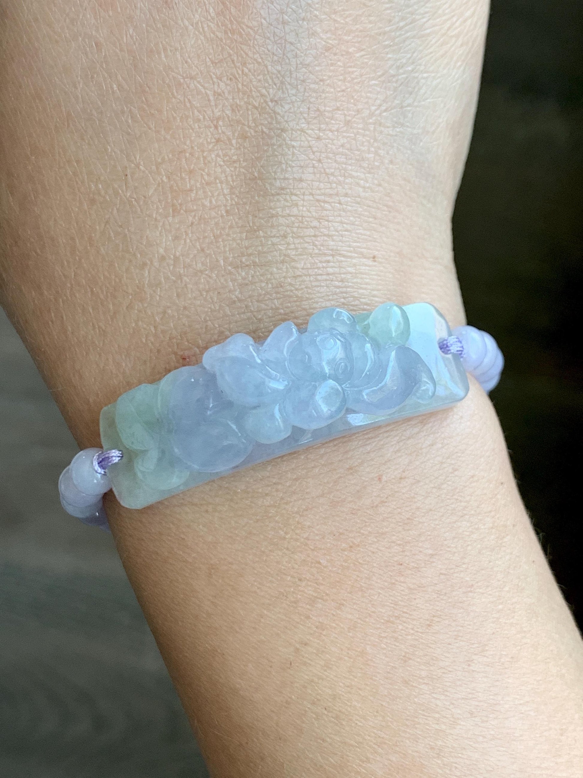 Certified Natural Grade A Icy Translucent Pastel Spring Colored Jadeite Carved Lotus Flower Cuff Beaded Bracelet 6.75” 天然冰胶春彩翡翠莲花手牌手串 0350
