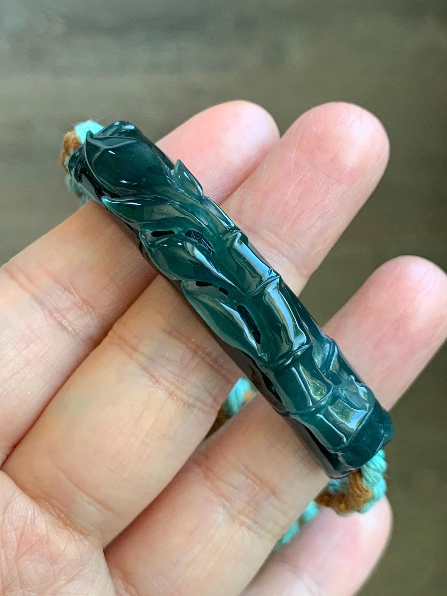 Natural Grade A Guatemalan Icy Translucent Gelatinous Dark Teal Green Jadeite Bamboo Cuff Rope Bracelet 7” 23g 天然冰胶老种危湖水绿翡翠竹节手牌手绳 ZJS255