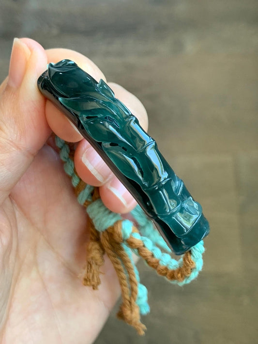 Natural Grade A Guatemalan Icy Translucent Gelatinous Dark Teal Green Jadeite Bamboo Cuff Rope Bracelet 7” 23g 天然冰胶老种危湖水绿翡翠竹节手牌手绳 ZJS255