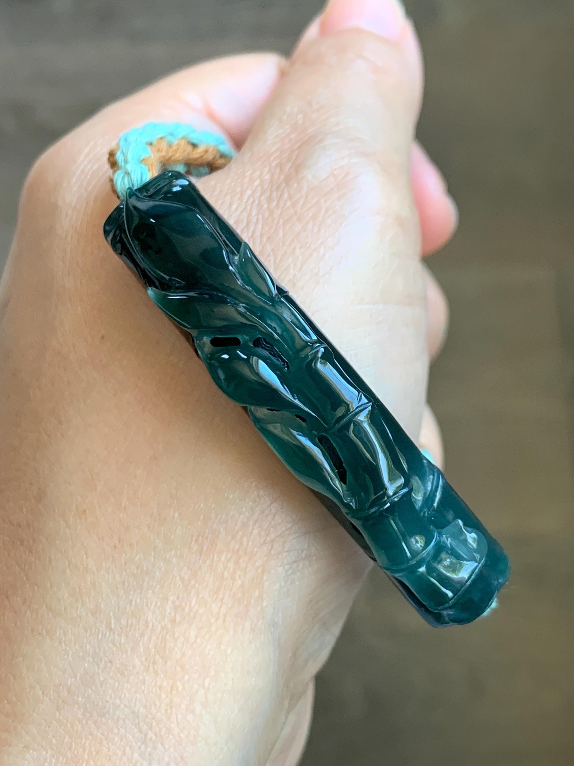 Natural Grade A Guatemalan Icy Translucent Gelatinous Dark Teal Green Jadeite Bamboo Cuff Rope Bracelet 7” 23g 天然冰胶老种危湖水绿翡翠竹节手牌手绳 ZJS255