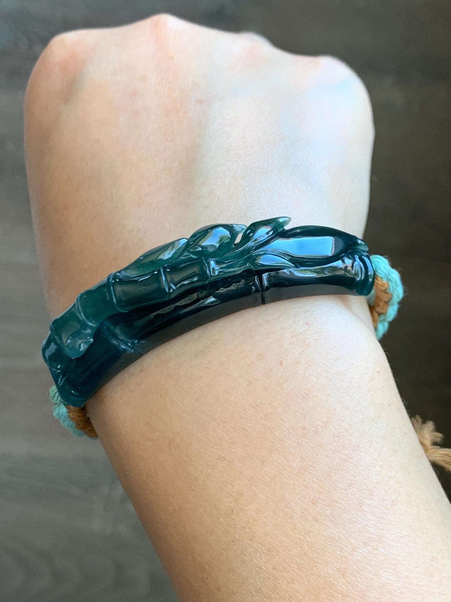Natural Grade A Guatemalan Icy Translucent Gelatinous Dark Teal Green Jadeite Bamboo Cuff Rope Bracelet 7” 23g 天然冰胶老种危湖水绿翡翠竹节手牌手绳 ZJS255