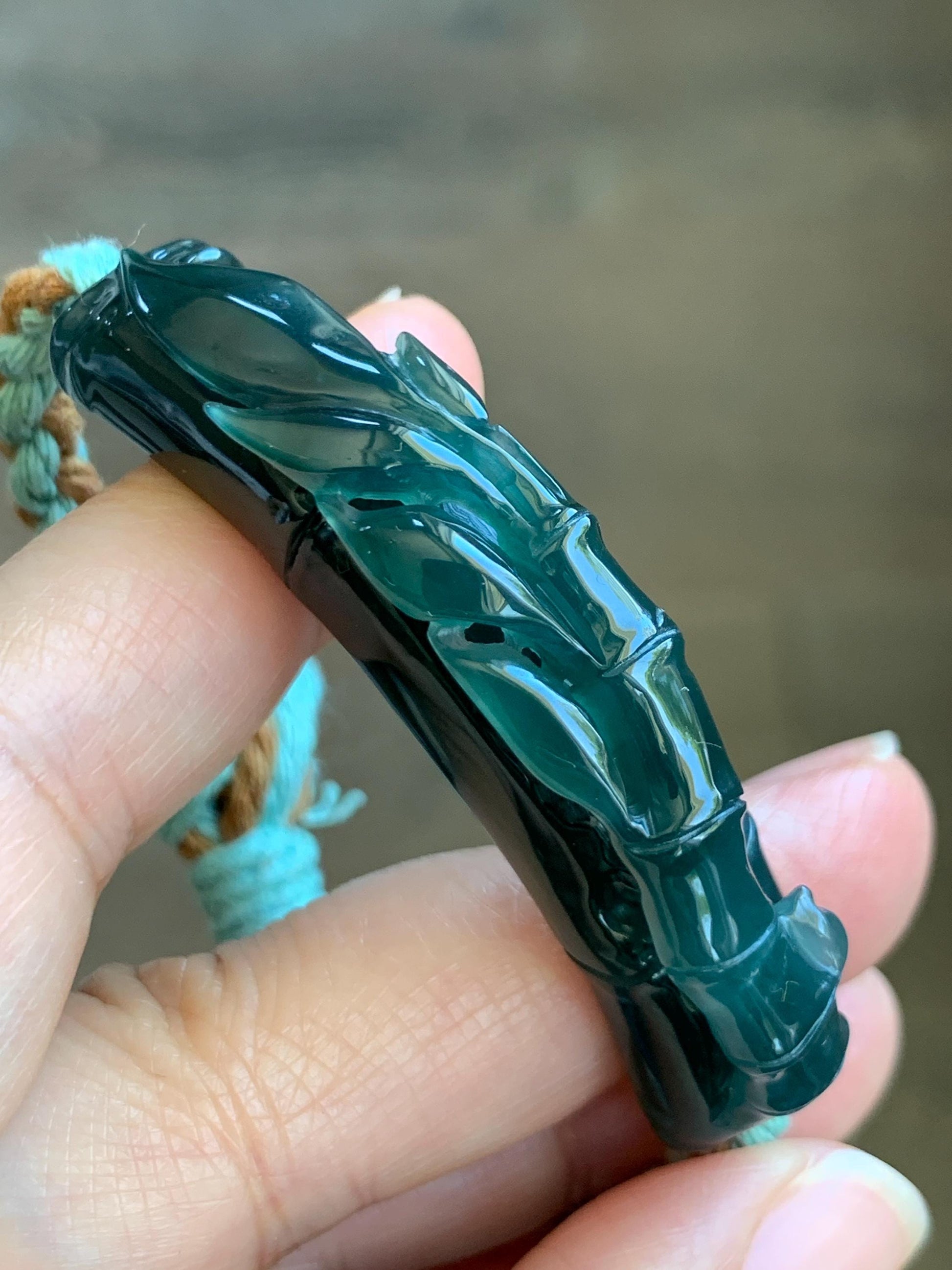 Natural Grade A Guatemalan Icy Translucent Gelatinous Dark Teal Green Jadeite Bamboo Cuff Rope Bracelet 7” 23g 天然冰胶老种危湖水绿翡翠竹节手牌手绳 ZJS255