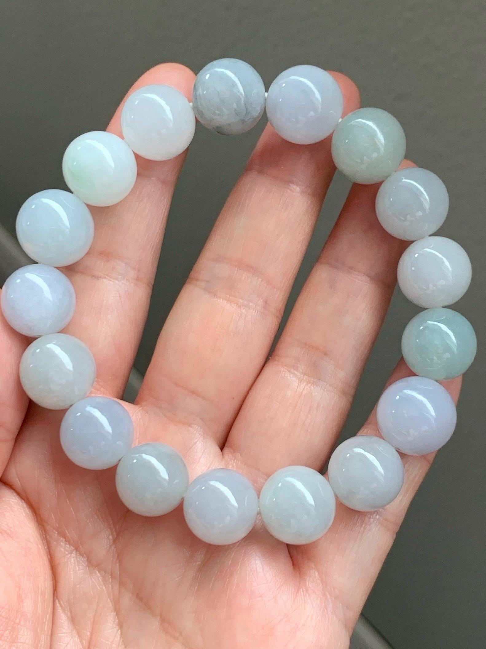 Natural Grade A Icy Translucent Gelatinous Multicolored Jade Jadeite Large Beads Beaded Bracelet 12.6mm 8" 62g 天然冰胶多宝翡翠大卡圆珠手串 DDBM500