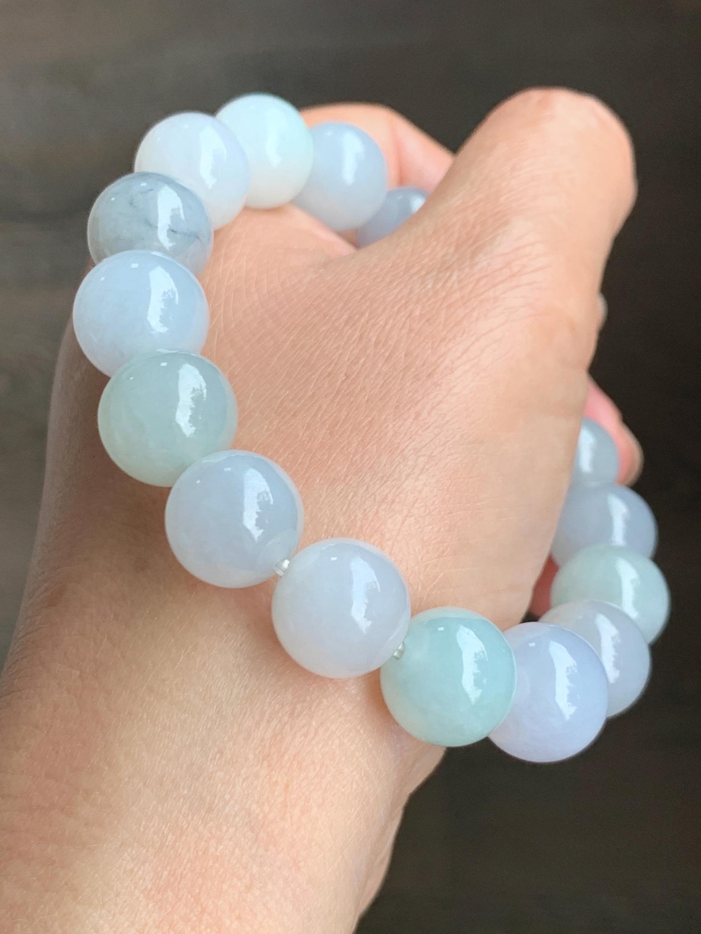 Natural Grade A Icy Translucent Gelatinous Multicolored Jade Jadeite Large Beads Beaded Bracelet 12.6mm 8" 62g 天然冰胶多宝翡翠大卡圆珠手串 DDBM500