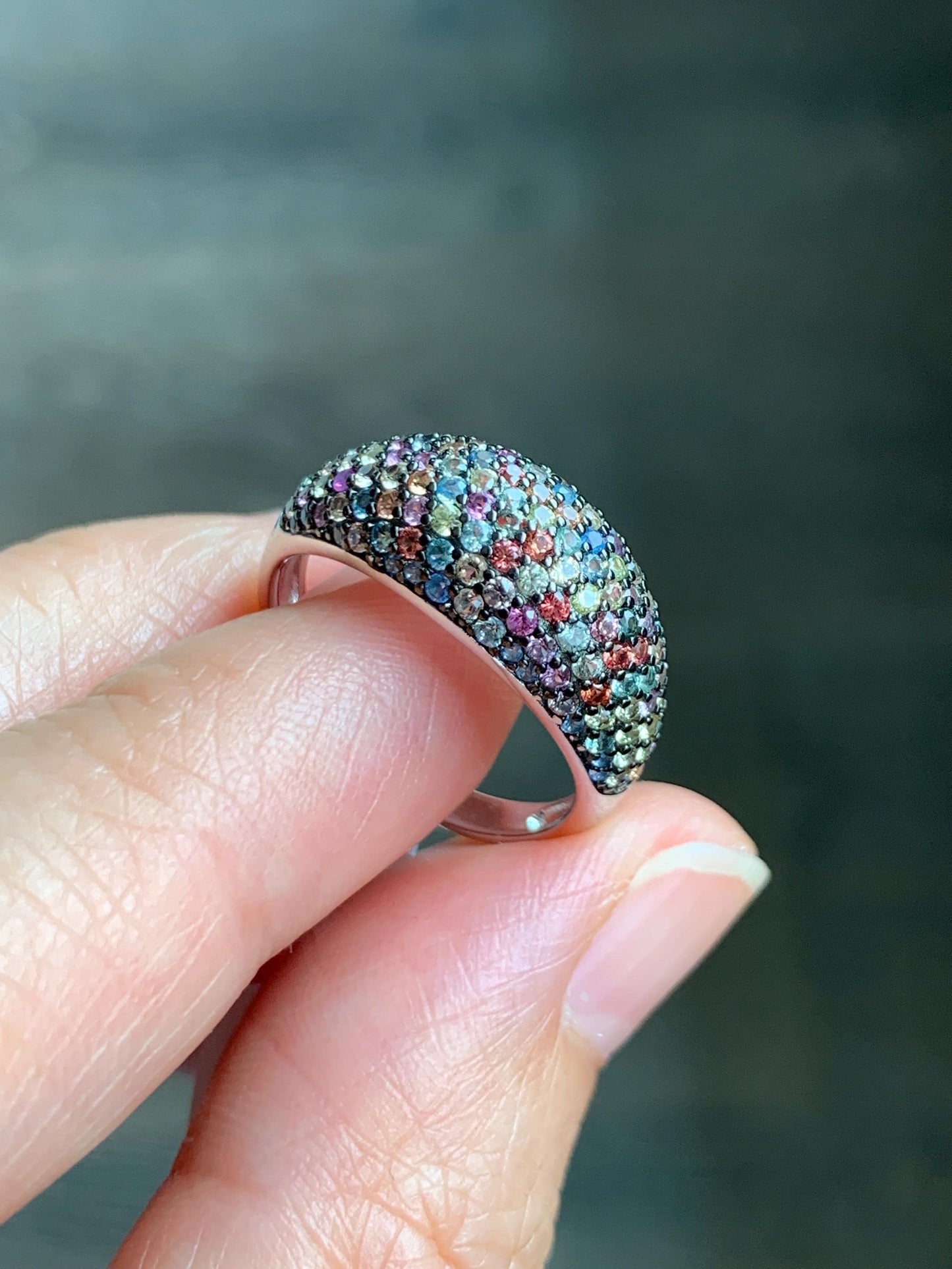 Natural Genuine Sapphire Multicolored Rainbow Sapphire Cluster Dome Ring S925 Sterling Silver Size 7 US 4g Sapphire Band Ring 858