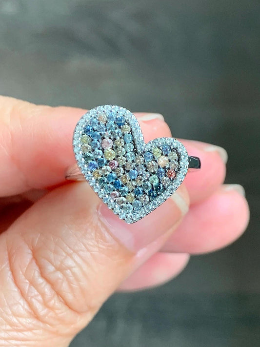 Natural Genuine Sapphire Multicolored Rainbow Sapphire Cluster Heart Ring S925 Sterling Silver Size 6.75 US 3g Sapphire Heart Ring 887