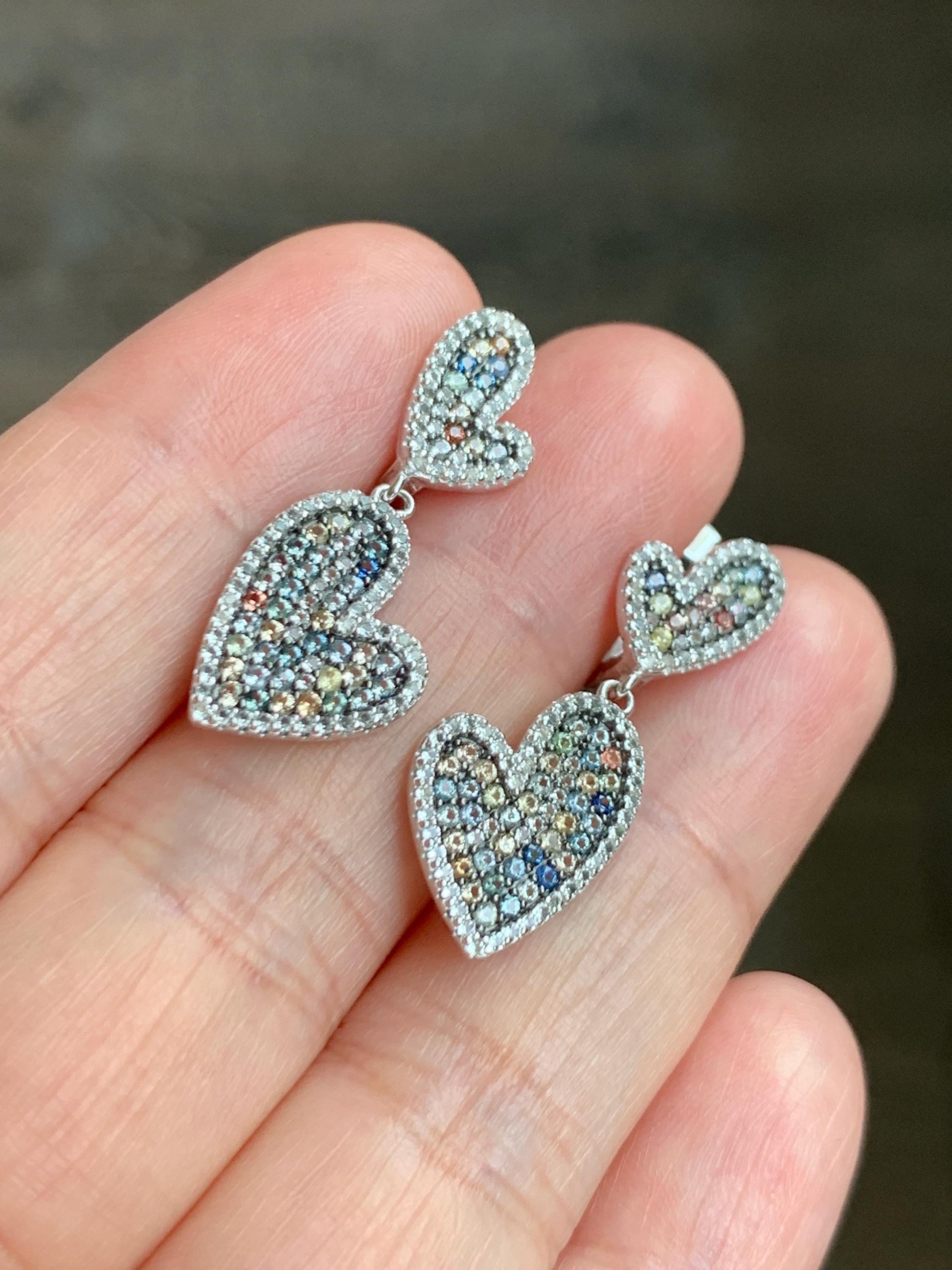 Natural Genuine Sapphire Multicolored Rainbow Sapphire Cluster Heart Dangle Earrings S925 Sterling Silver English Lock 4g 887-E
