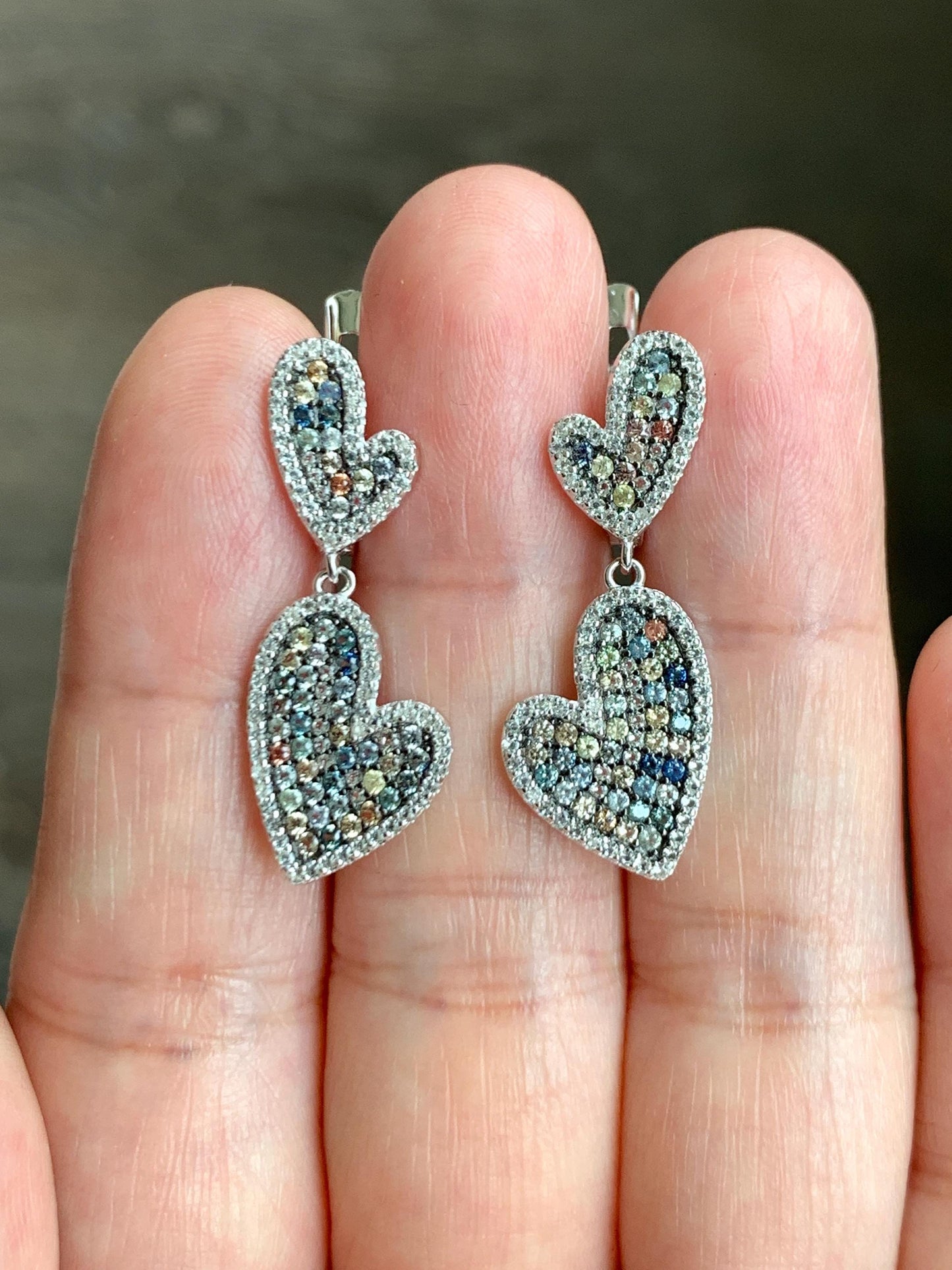 Natural Genuine Sapphire Multicolored Rainbow Sapphire Cluster Heart Dangle Earrings S925 Sterling Silver English Lock 4g 887-E