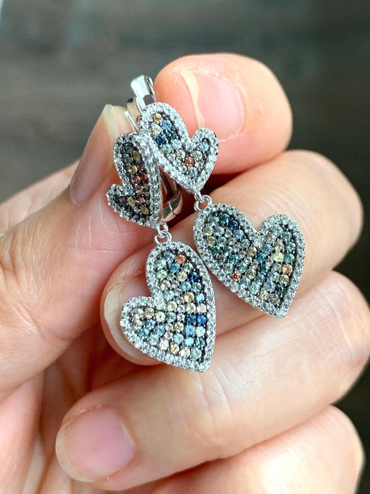 Natural Genuine Sapphire Multicolored Rainbow Sapphire Cluster Heart Dangle Earrings S925 Sterling Silver English Lock 4g 887-E