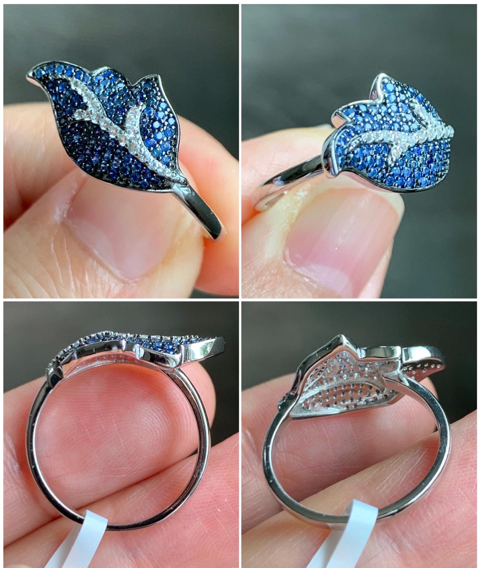 Natural Genuine Sapphire Untreated Blue Sapphire Cluster Leaf Ring S925 Sterling Silver Size 6.75 US 3g Blue Sapphire Ring 881