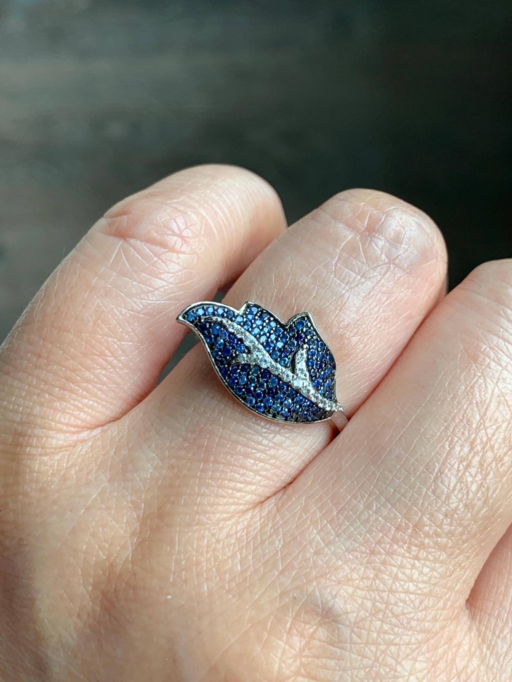 Natural Genuine Sapphire Untreated Blue Sapphire Cluster Leaf Ring S925 Sterling Silver Size 6.75 US 3g Blue Sapphire Ring 881