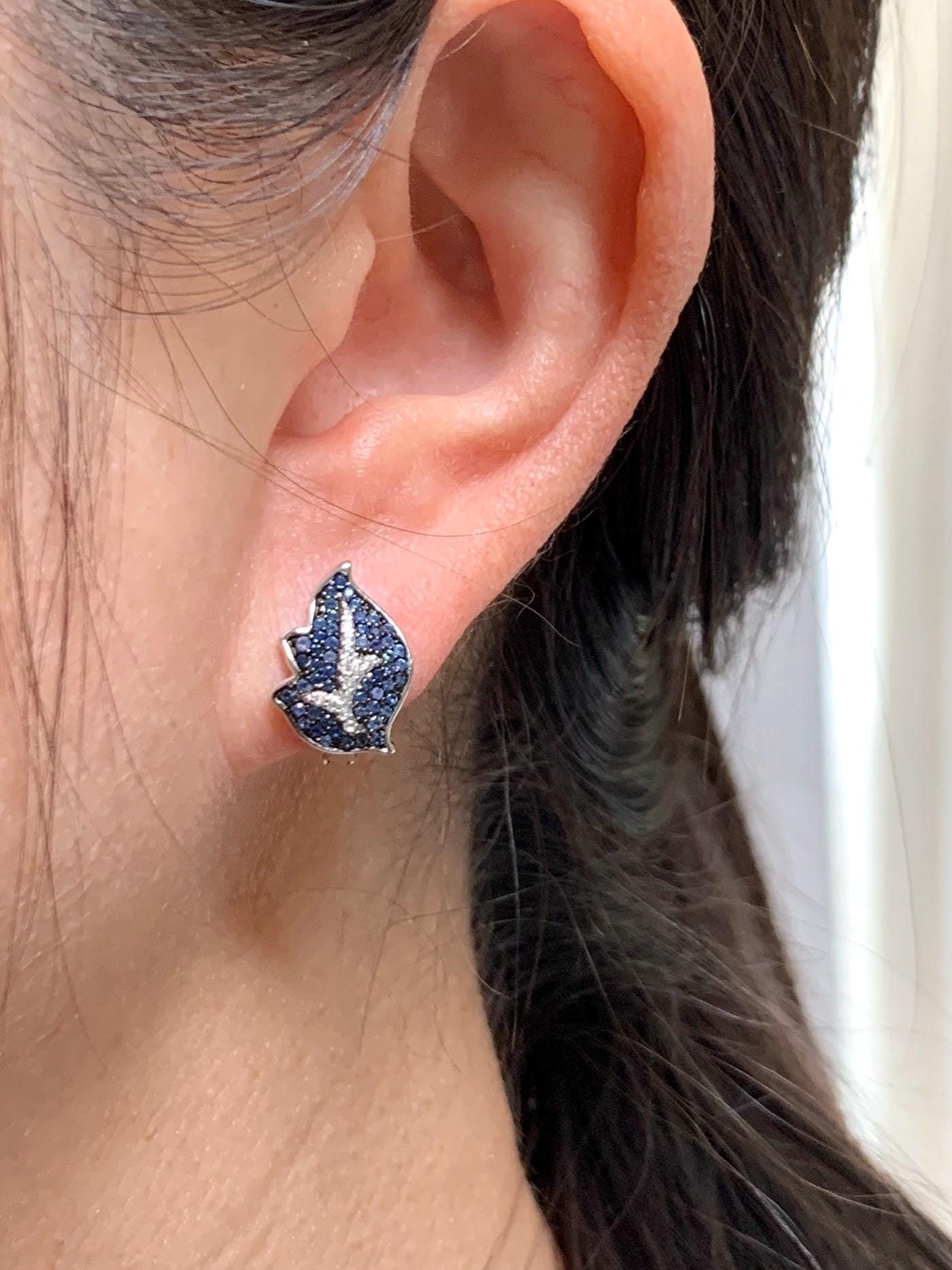 Natural Genuine Sapphire Untreated Blue Sapphire Cluster Leaf Earrings S925 Sterling Silver English Lock 4g Blue Sapphire Earrings 881-E
