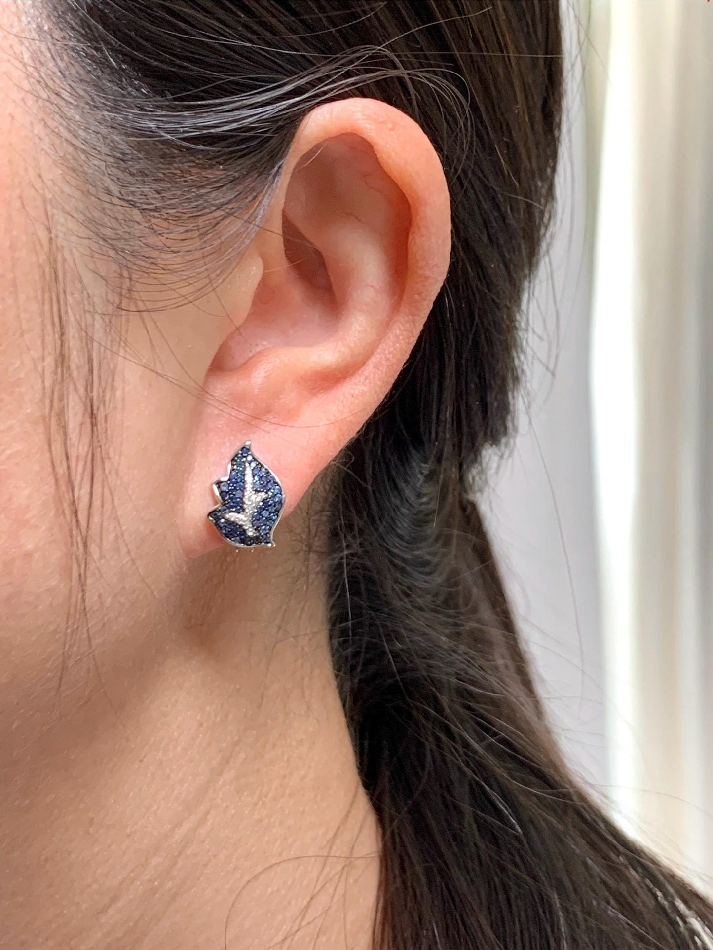 Natural Genuine Sapphire Untreated Blue Sapphire Cluster Leaf Earrings S925 Sterling Silver English Lock 4g Blue Sapphire Earrings 881-E