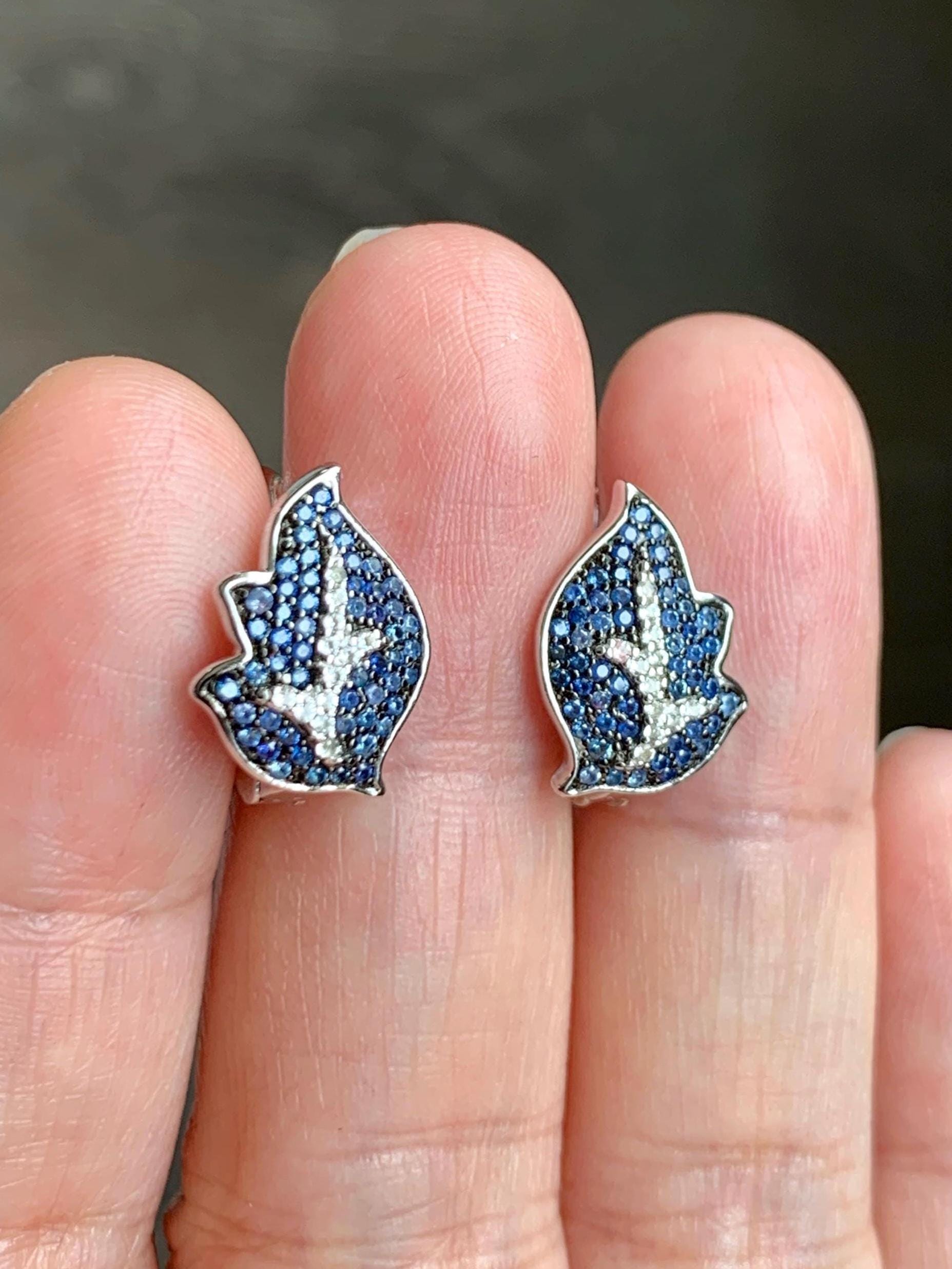Natural Genuine Sapphire Untreated Blue Sapphire Cluster Leaf Earrings S925 Sterling Silver English Lock 4g Blue Sapphire Earrings 881-E