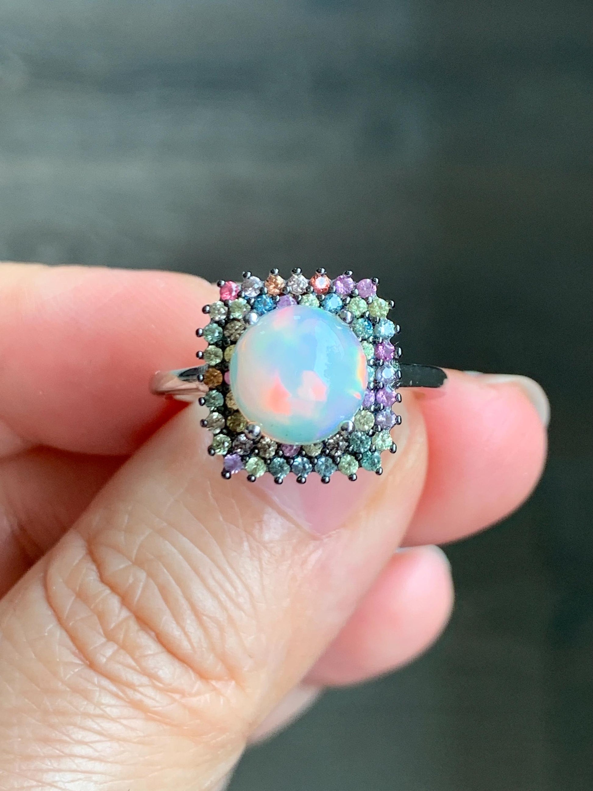 Natural Genuine Sapphire Multicolored Rainbow Sapphire Natural Ethiopian Opal Ring S925 Sterling Silver Size 8 US 4g Sapphire Opal Ring 435