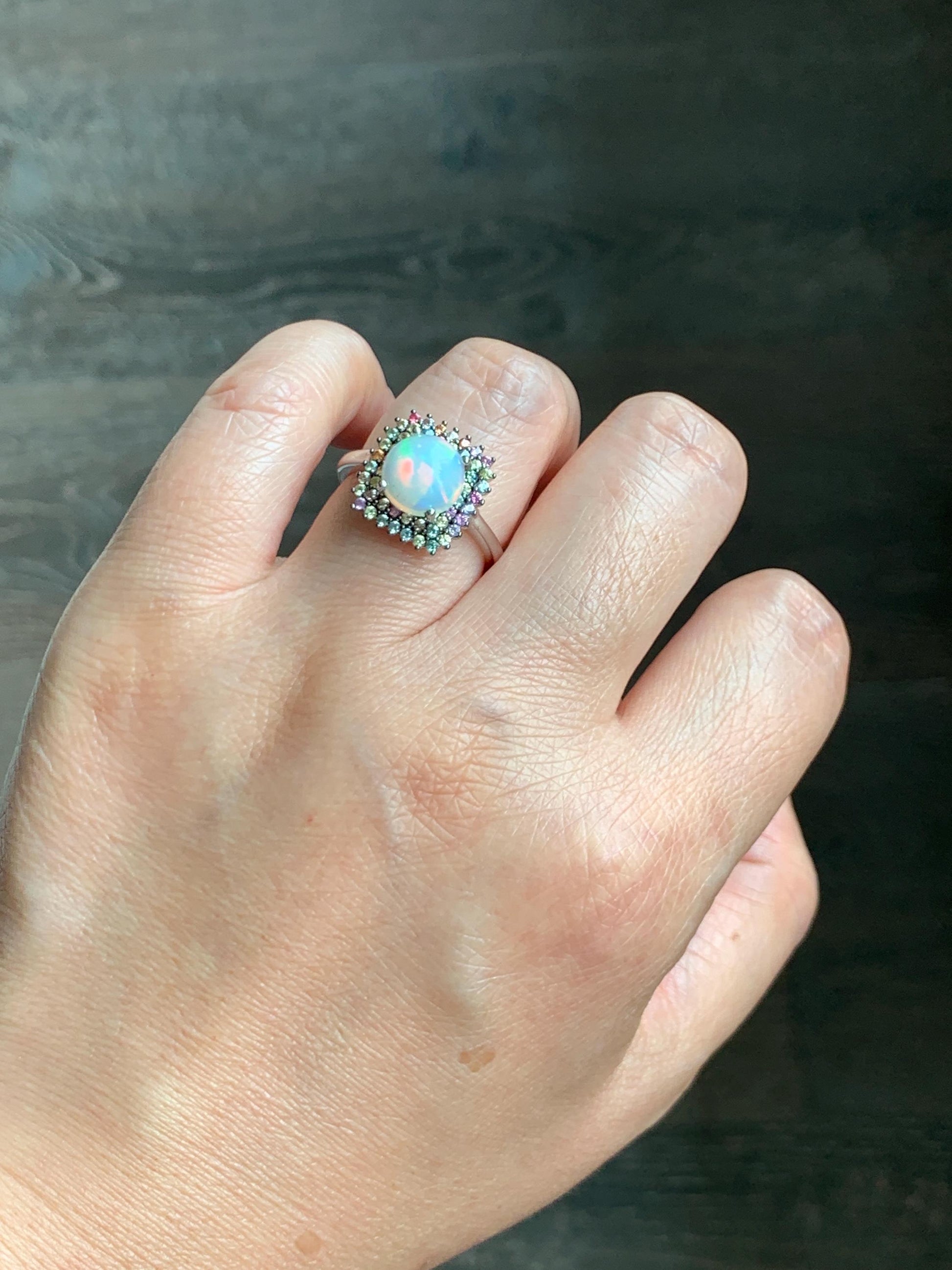 Natural Genuine Sapphire Multicolored Rainbow Sapphire Natural Ethiopian Opal Ring S925 Sterling Silver Size 8 US 4g Sapphire Opal Ring 435