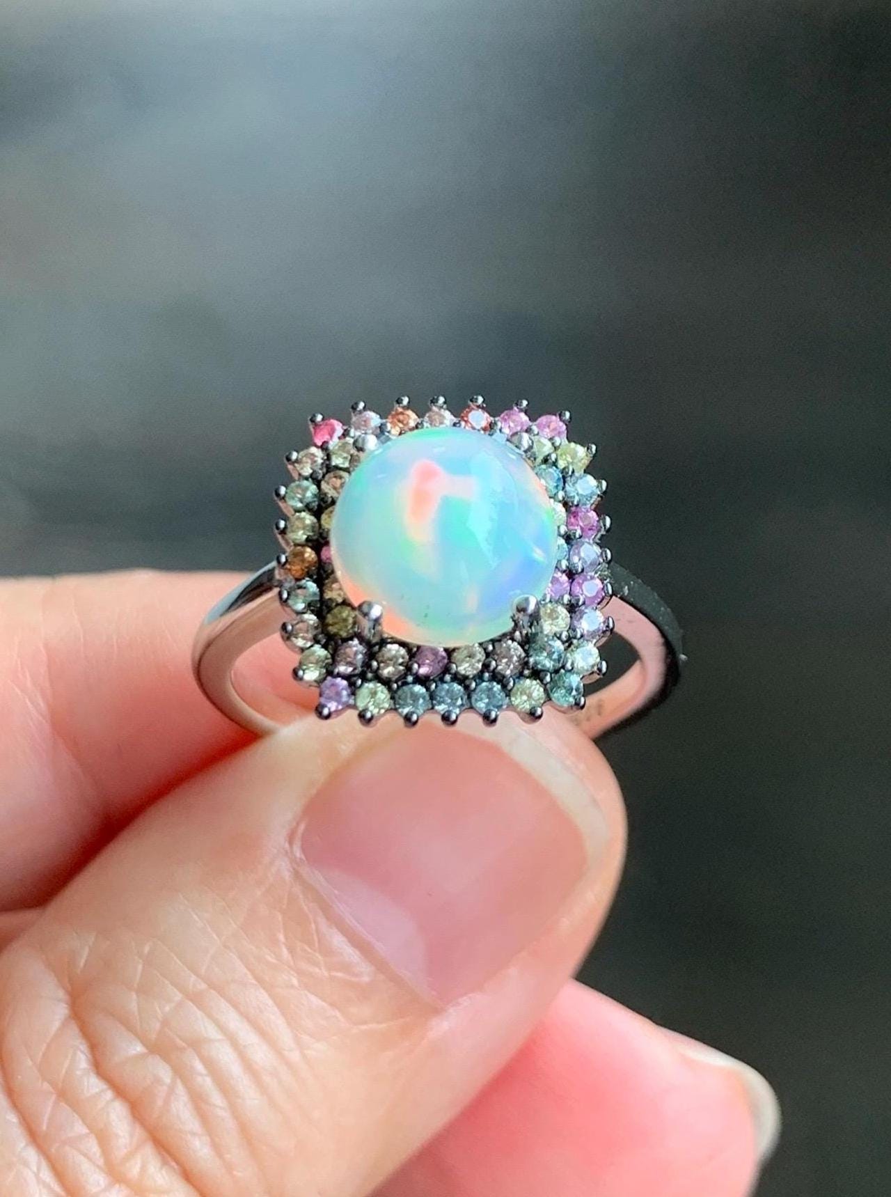 Natural Genuine Sapphire Multicolored Rainbow Sapphire Natural Ethiopian Opal Ring S925 Sterling Silver Size 8 US 4g Sapphire Opal Ring 435