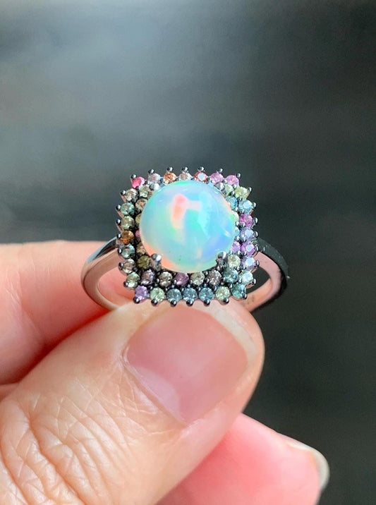 Natural Genuine Sapphire Multicolored Rainbow Sapphire Natural Ethiopian Opal Ring S925 Sterling Silver Size 8 US 4g Sapphire Opal Ring 435