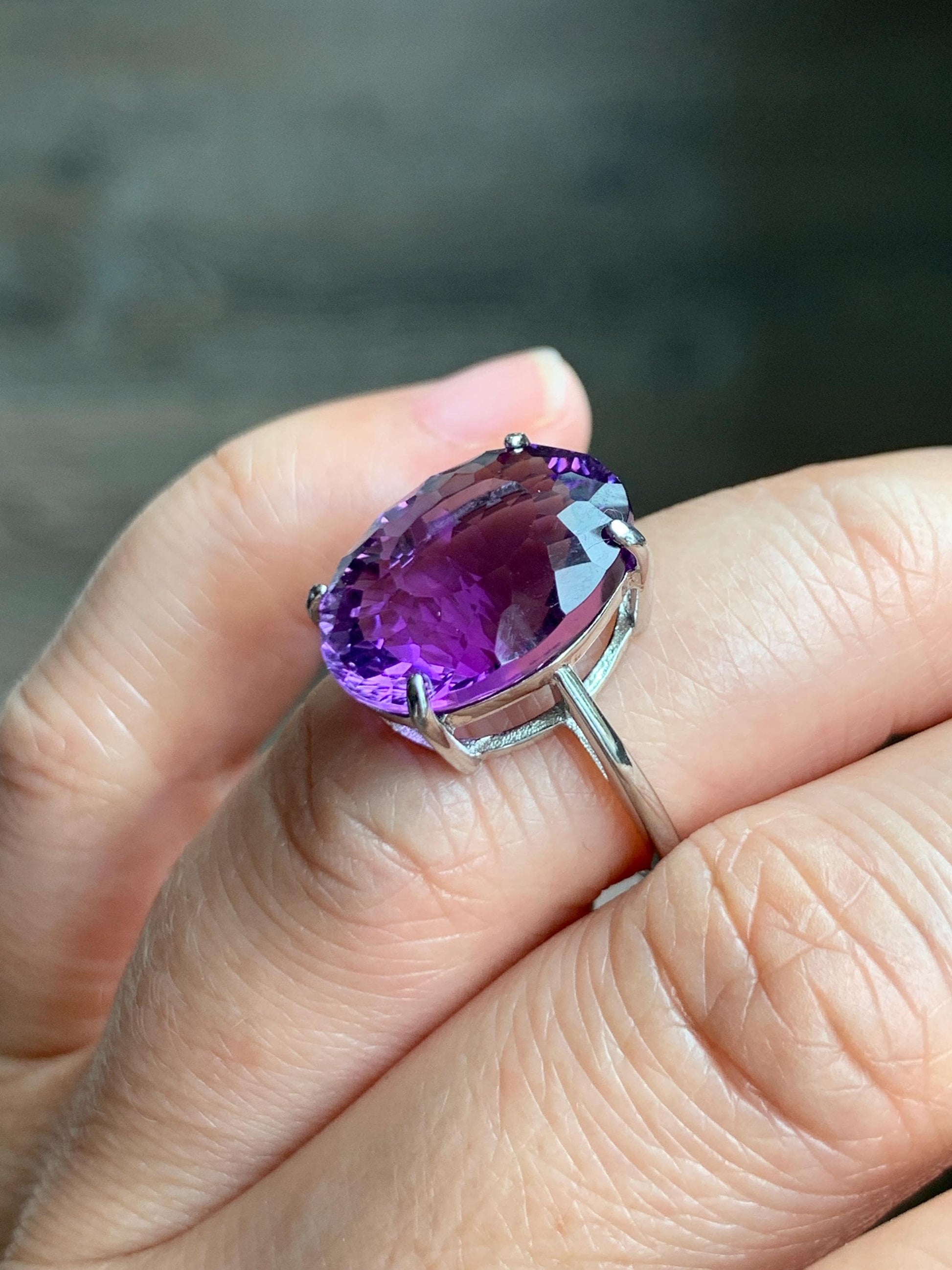 Natural Genuine Large Amethyst Oval Concave Cut Solitaire Ring 12x16x9mm S925 Sterling Silver Size 6 US 5g Large Oval Amethyst Ring 523