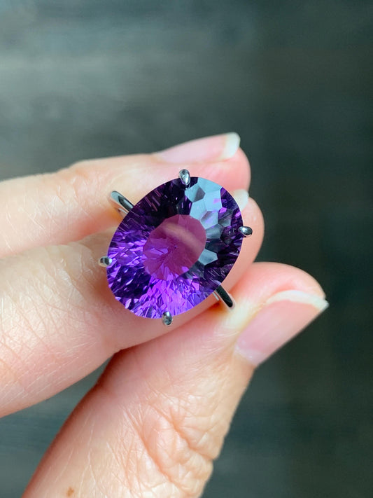 Natural Genuine Large Amethyst Oval Concave Cut Solitaire Ring 12x16x9mm S925 Sterling Silver Size 6 US 5g Large Oval Amethyst Ring 523