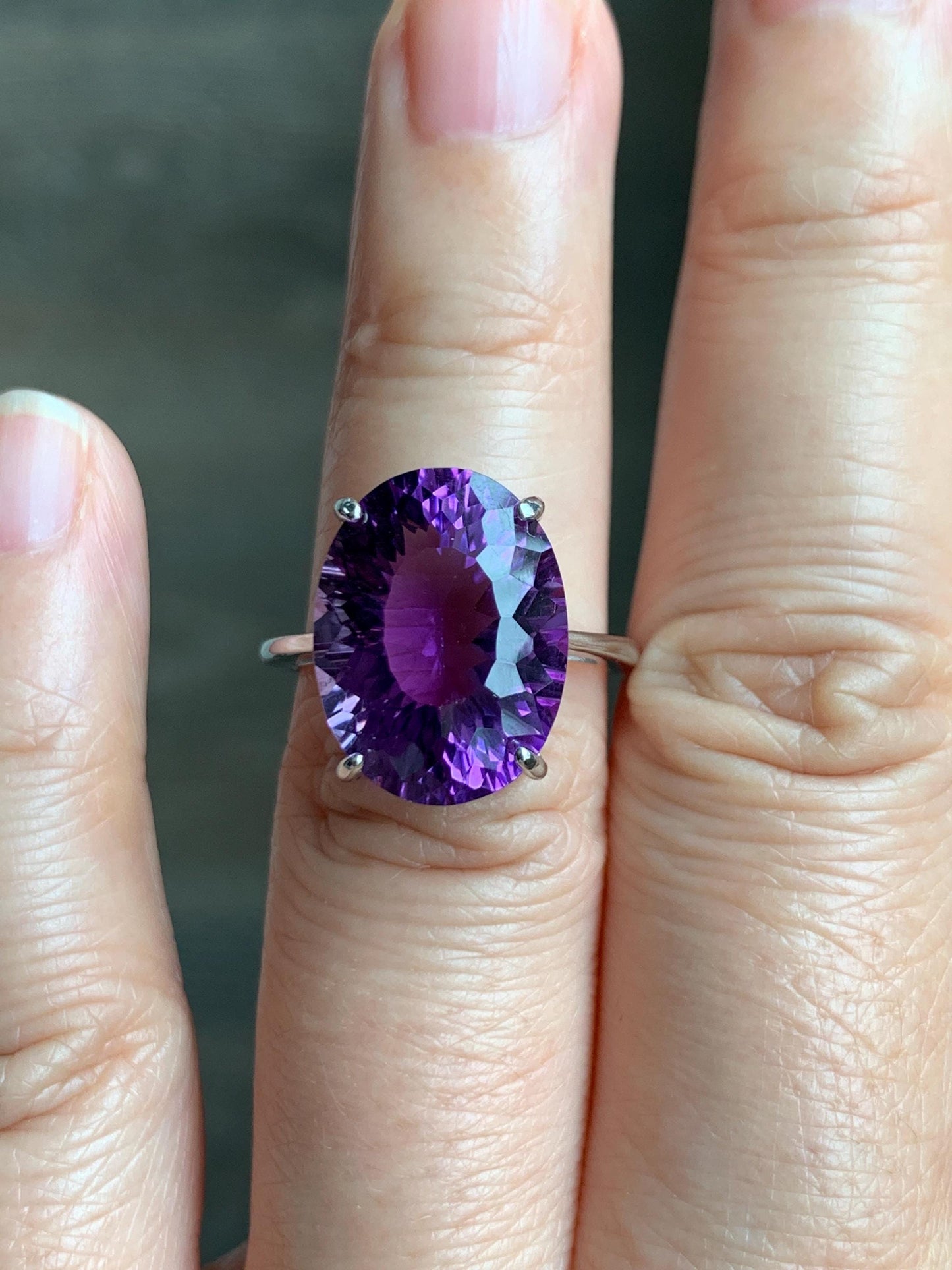 Natural Genuine Large Amethyst Oval Concave Cut Solitaire Ring 12x16x9mm S925 Sterling Silver Size 6 US 5g Large Oval Amethyst Ring 523