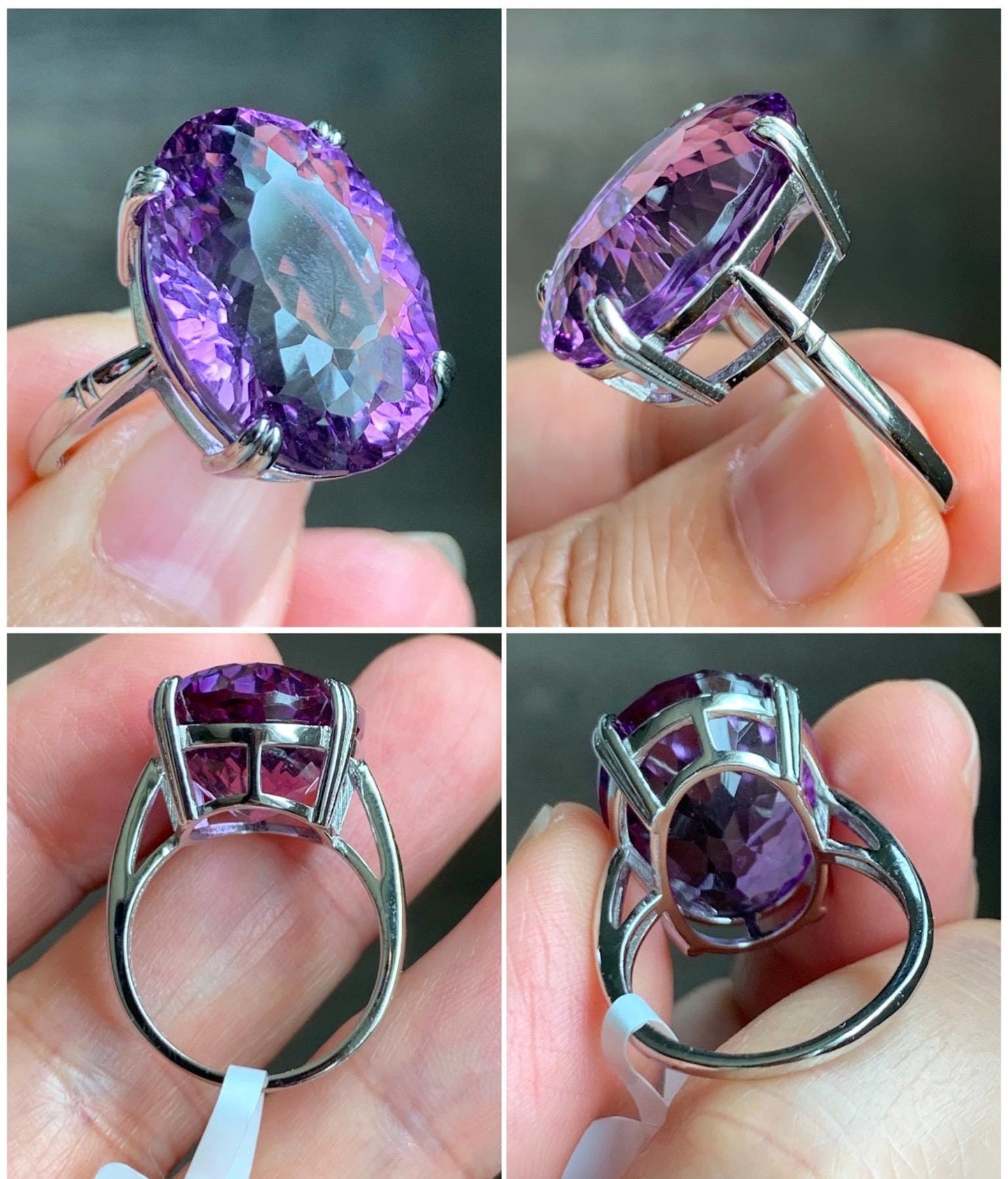 Natural Genuine Large Amethyst Oval Concave Cut Solitaire Ring 15x20x10mm S925 Sterling Silver Size 7 US 7g Large Oval Amethyst Ring 513