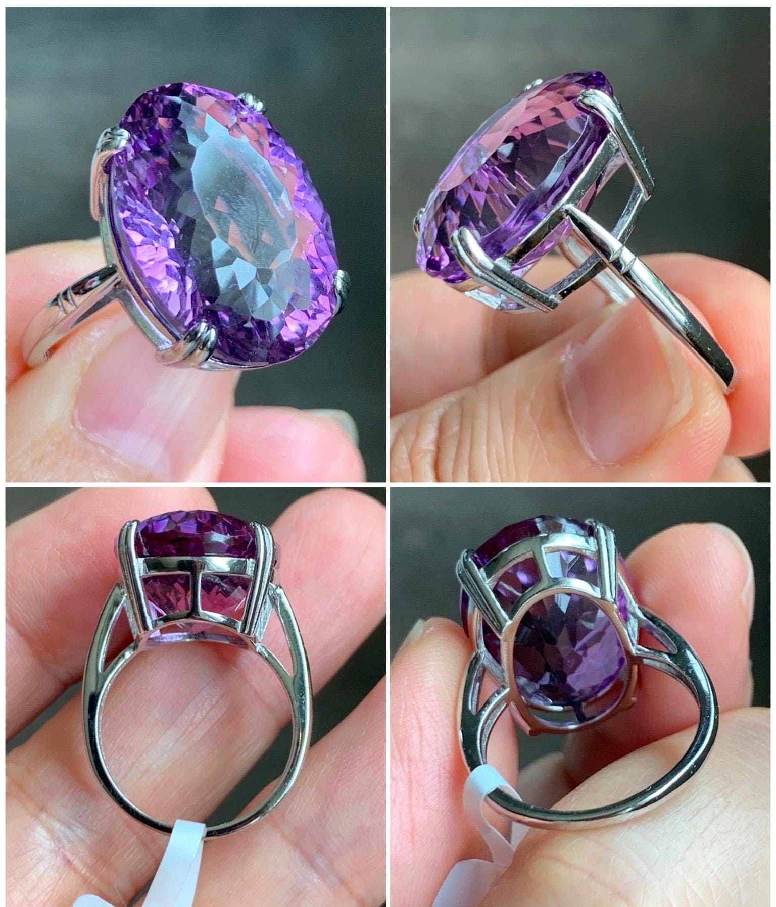 Natural Genuine Large Amethyst Oval Concave Cut Solitaire Ring 15x20x10mm S925 Sterling Silver Size 7 US 7g Large Oval Amethyst Ring 513
