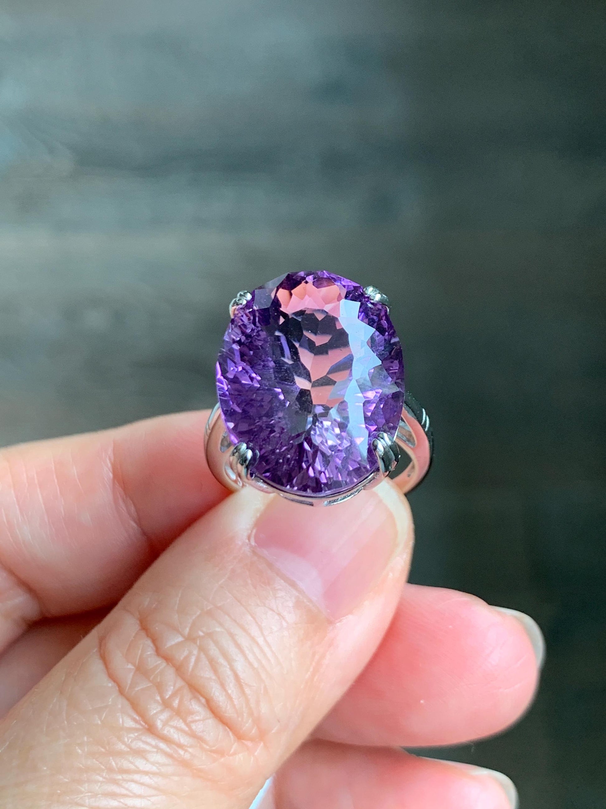 Natural Genuine Large Amethyst Oval Concave Cut Solitaire Ring 15x20x10mm S925 Sterling Silver Size 7 US 7g Large Oval Amethyst Ring 513