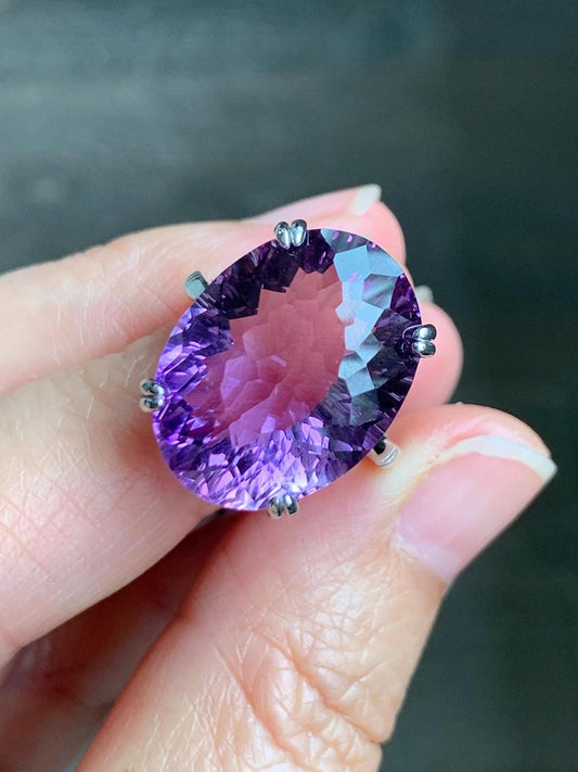 Natural Genuine Large Amethyst Oval Concave Cut Solitaire Ring 15x20x10mm S925 Sterling Silver Size 7 US 7g Large Oval Amethyst Ring 513