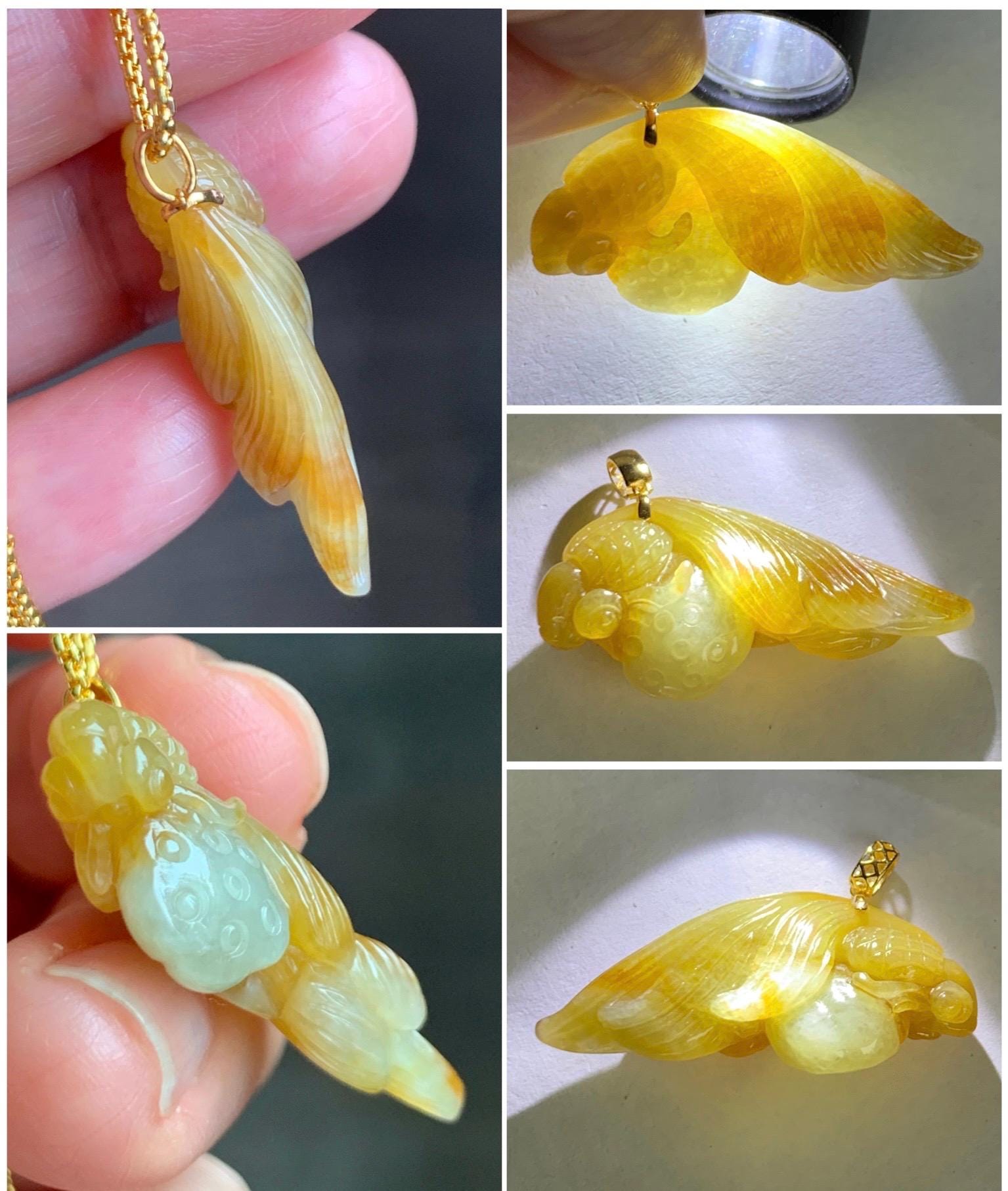 Natural Grade A Icy Translucent Yellow Marbled Jade Jadeite Carved Fish and Lotus Pod Pendant 18K Yellow Gold 5g 天然黄翡翠金鱼莲蓬金扣头吊坠 MHJ200