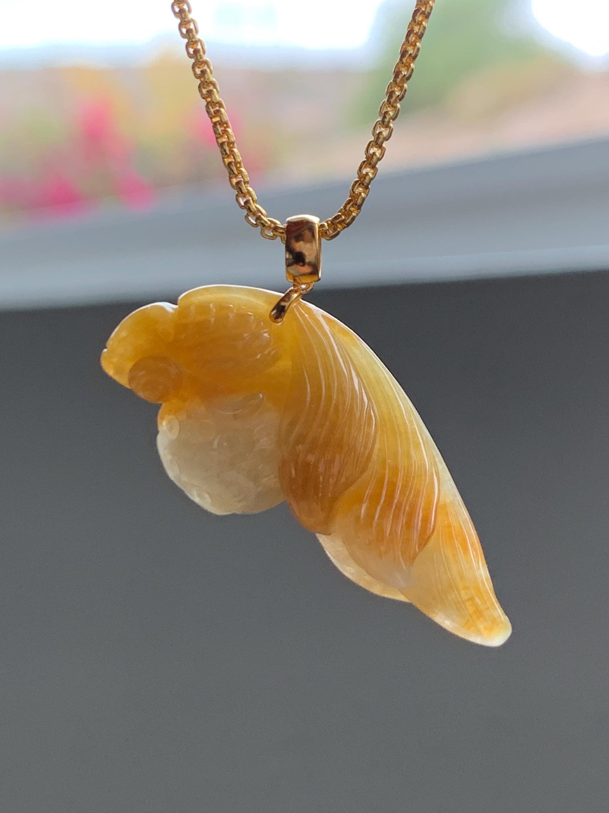Natural Grade A Icy Translucent Yellow Marbled Jade Jadeite Carved Fish and Lotus Pod Pendant 18K Yellow Gold 5g 天然黄翡翠金鱼莲蓬金扣头吊坠 MHJ200