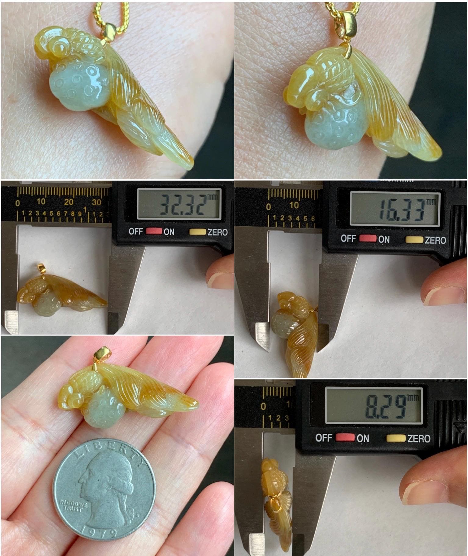 Natural Grade A Icy Translucent Yellow Marbled Jade Jadeite Carved Fish and Lotus Pod Pendant 18K Yellow Gold 5g 天然黄翡翠金鱼莲蓬金扣头吊坠 MHJ200