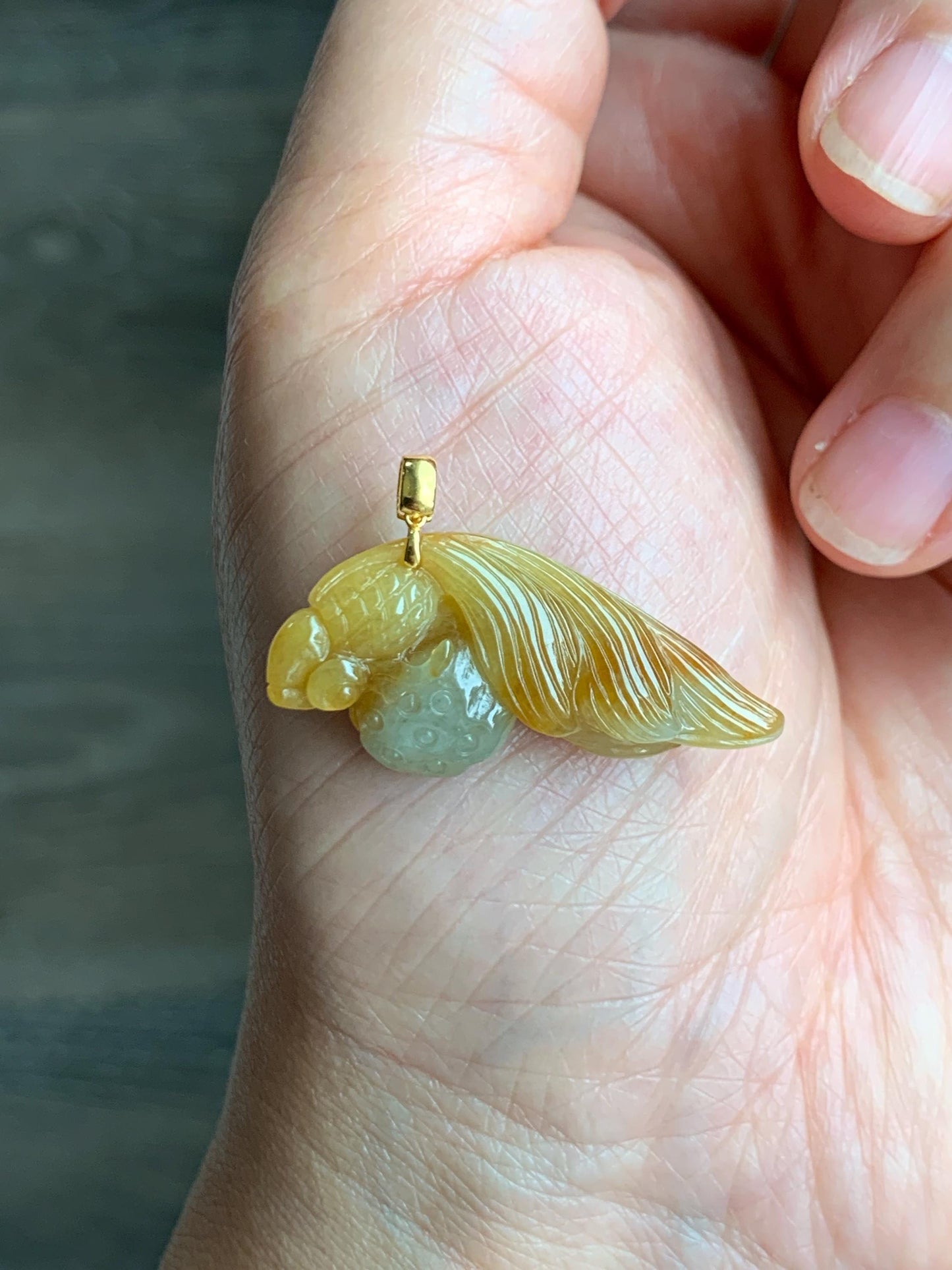 Natural Grade A Icy Translucent Yellow Marbled Jade Jadeite Carved Fish and Lotus Pod Pendant 18K Yellow Gold 5g 天然黄翡翠金鱼莲蓬金扣头吊坠 MHJ200