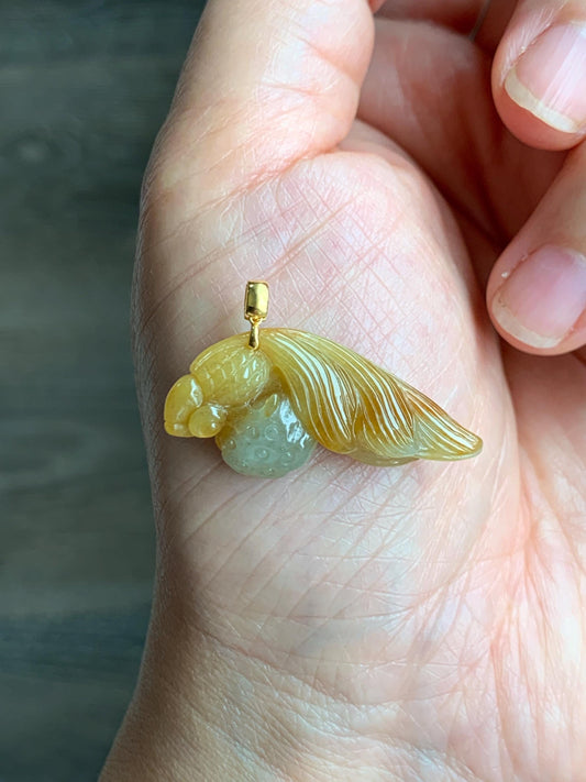 Natural Grade A Icy Translucent Yellow Marbled Jade Jadeite Carved Fish and Lotus Pod Pendant 18K Yellow Gold 5g 天然黄翡翠金鱼莲蓬金扣头吊坠 MHJ200