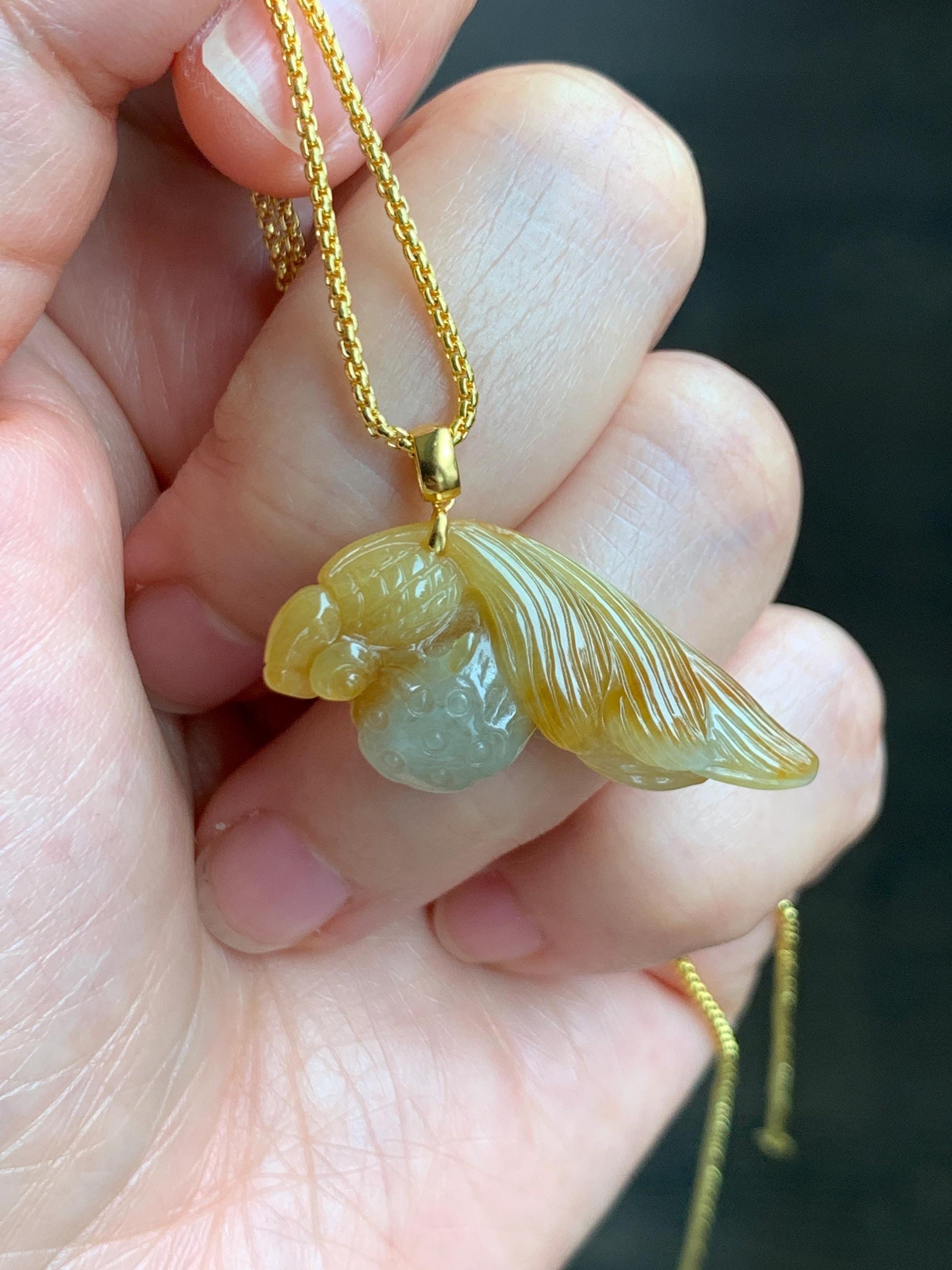 Natural Grade A Icy Translucent Yellow Marbled Jade Jadeite Carved Fish and Lotus Pod Pendant 18K Yellow Gold 5g 天然黄翡翠金鱼莲蓬金扣头吊坠 MHJ200
