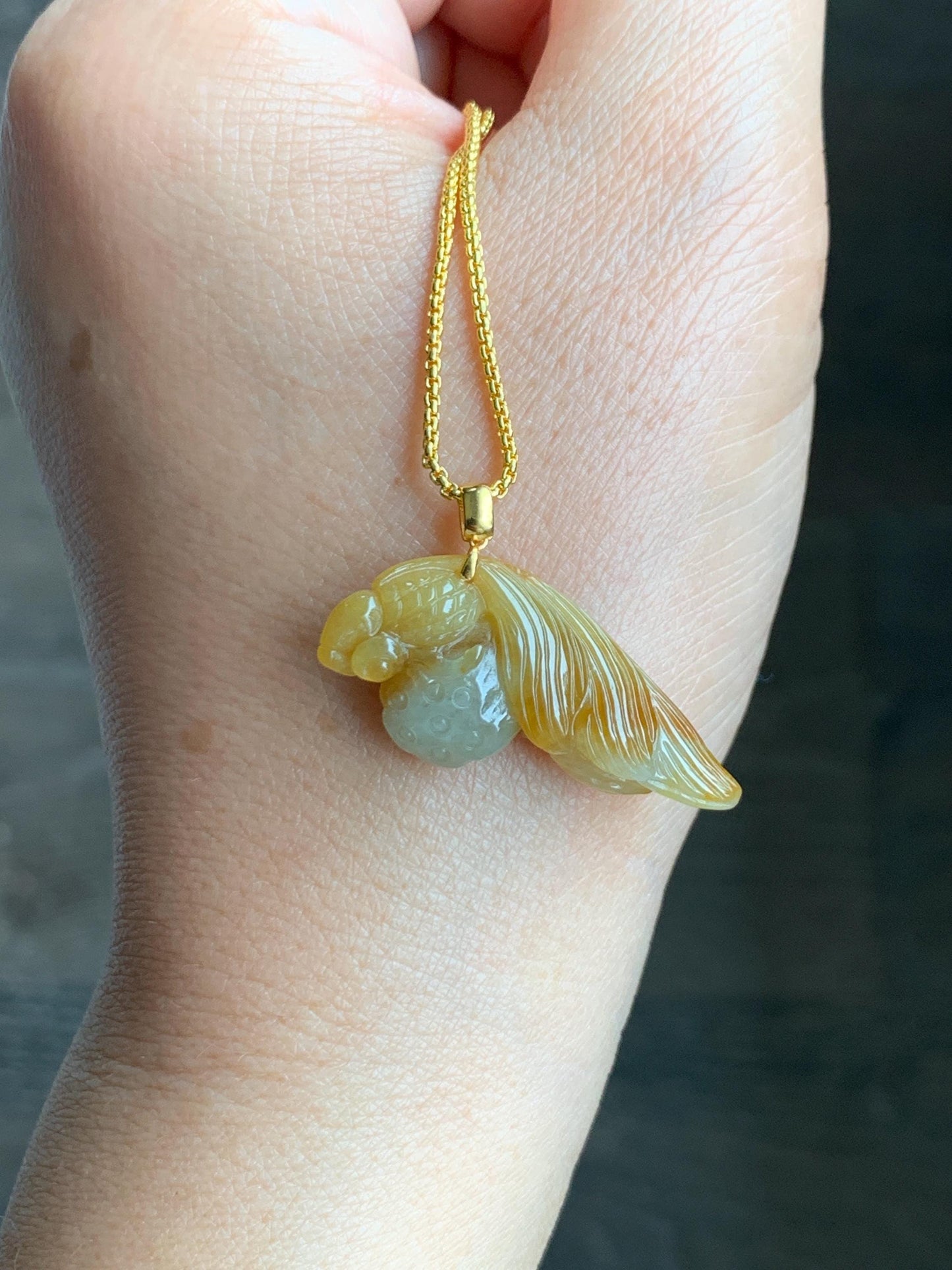 Natural Grade A Icy Translucent Yellow Marbled Jade Jadeite Carved Fish and Lotus Pod Pendant 18K Yellow Gold 5g 天然黄翡翠金鱼莲蓬金扣头吊坠 MHJ200