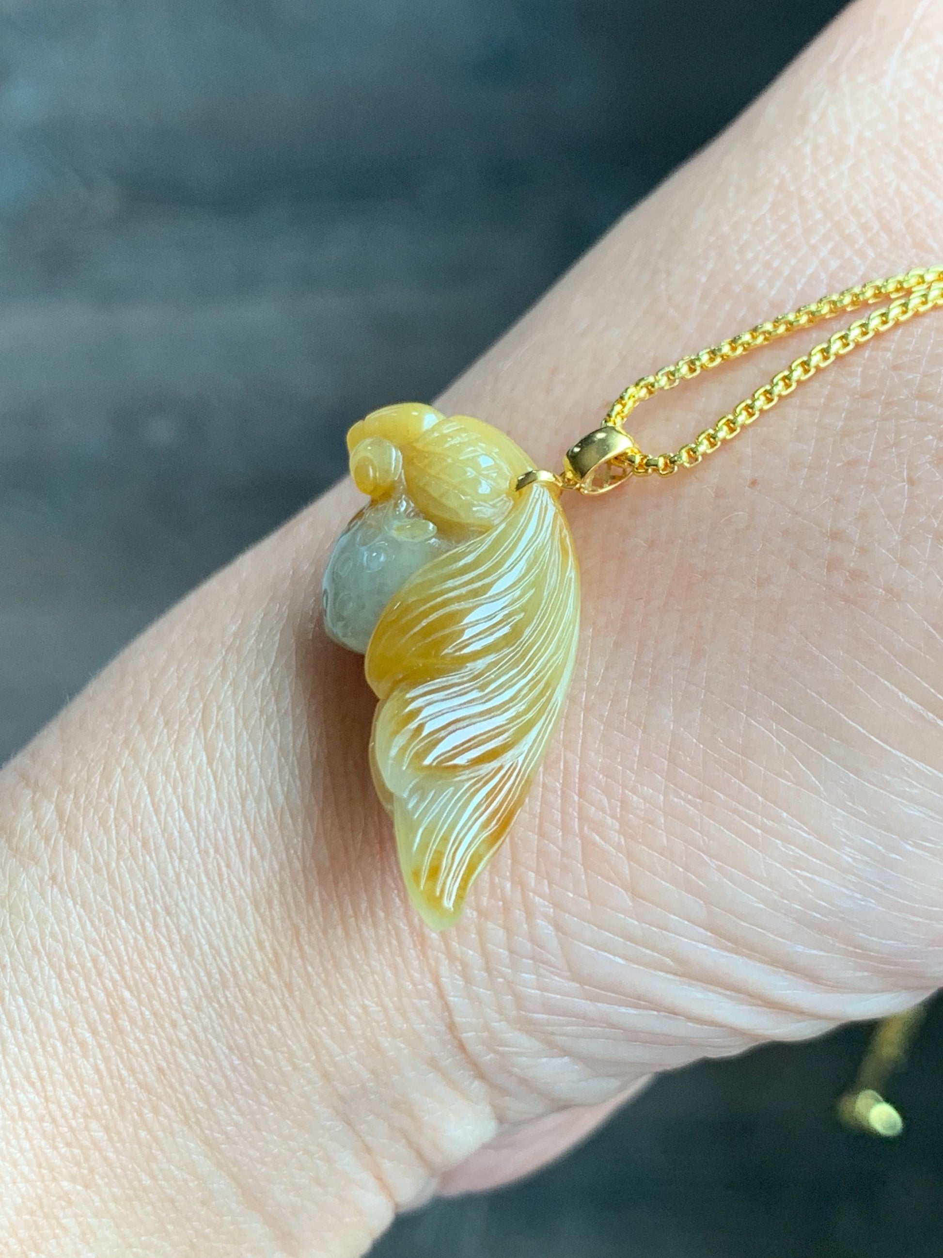 Natural Grade A Icy Translucent Yellow Marbled Jade Jadeite Carved Fish and Lotus Pod Pendant 18K Yellow Gold 5g 天然黄翡翠金鱼莲蓬金扣头吊坠 MHJ200
