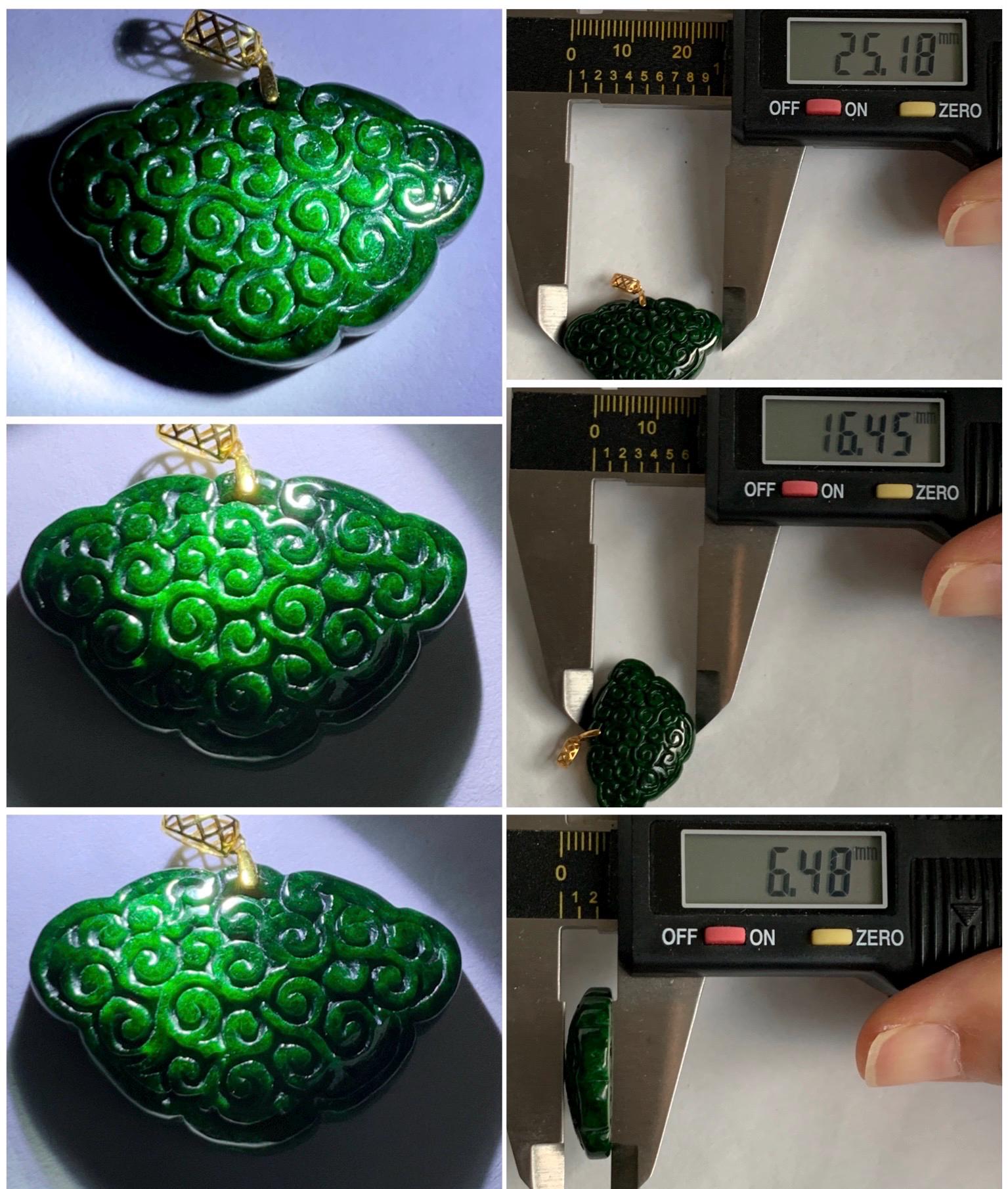 Natural Grade A Intense Green Jade Jadeite Engraved Ruyi Lock Pendant 18K Yellow Gold 5g 天然满绿花青翡翠仿古雕如意锁吊坠 HQR480