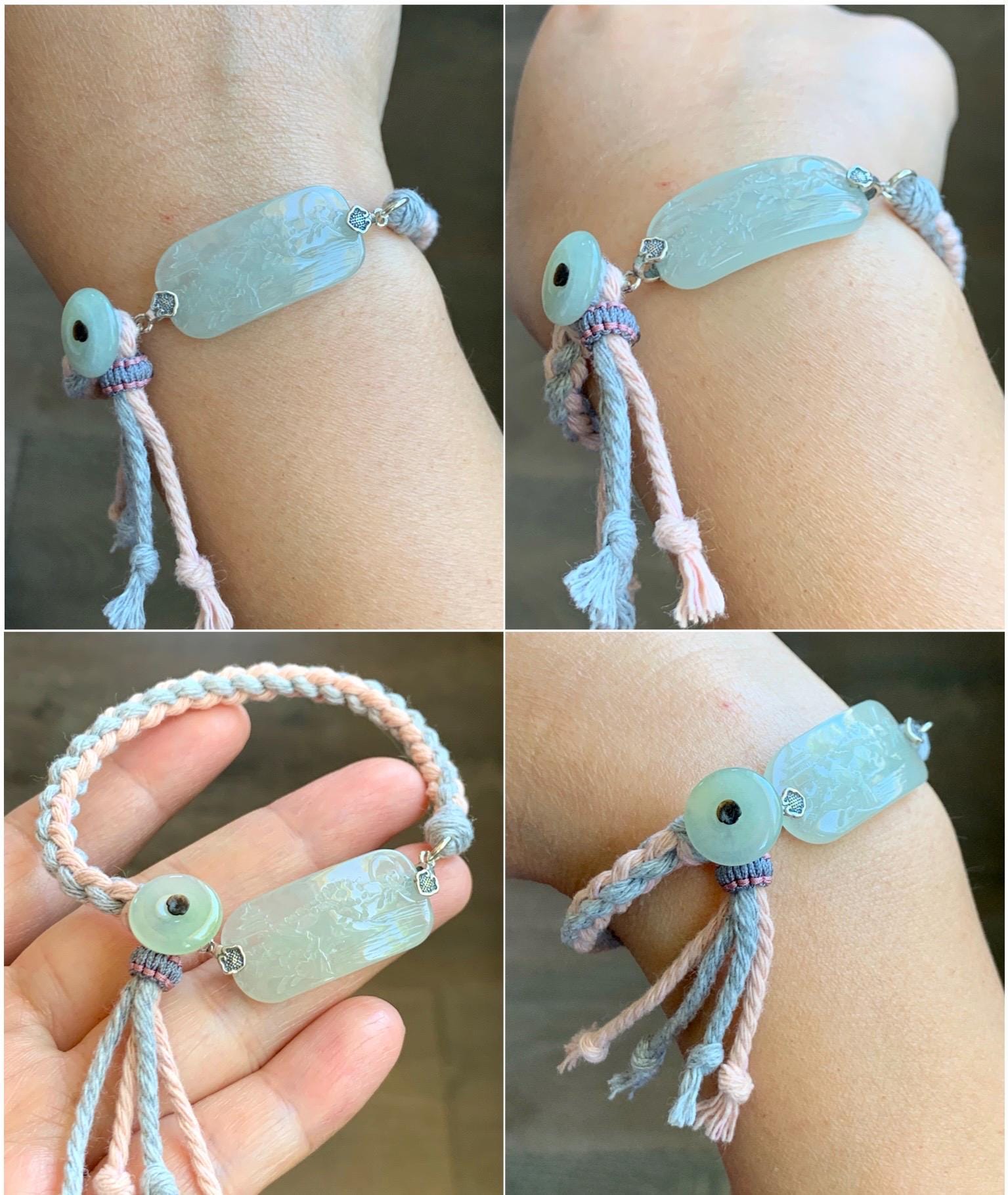 Natural Grade A Icy Highly Translucent Gelatinous Pastel Green Jadeite Shan Shui Landscape Cuff Rope Bracelet 7” 7g 天然冰胶老种晴底翡翠山水手牌手绳 SSB305